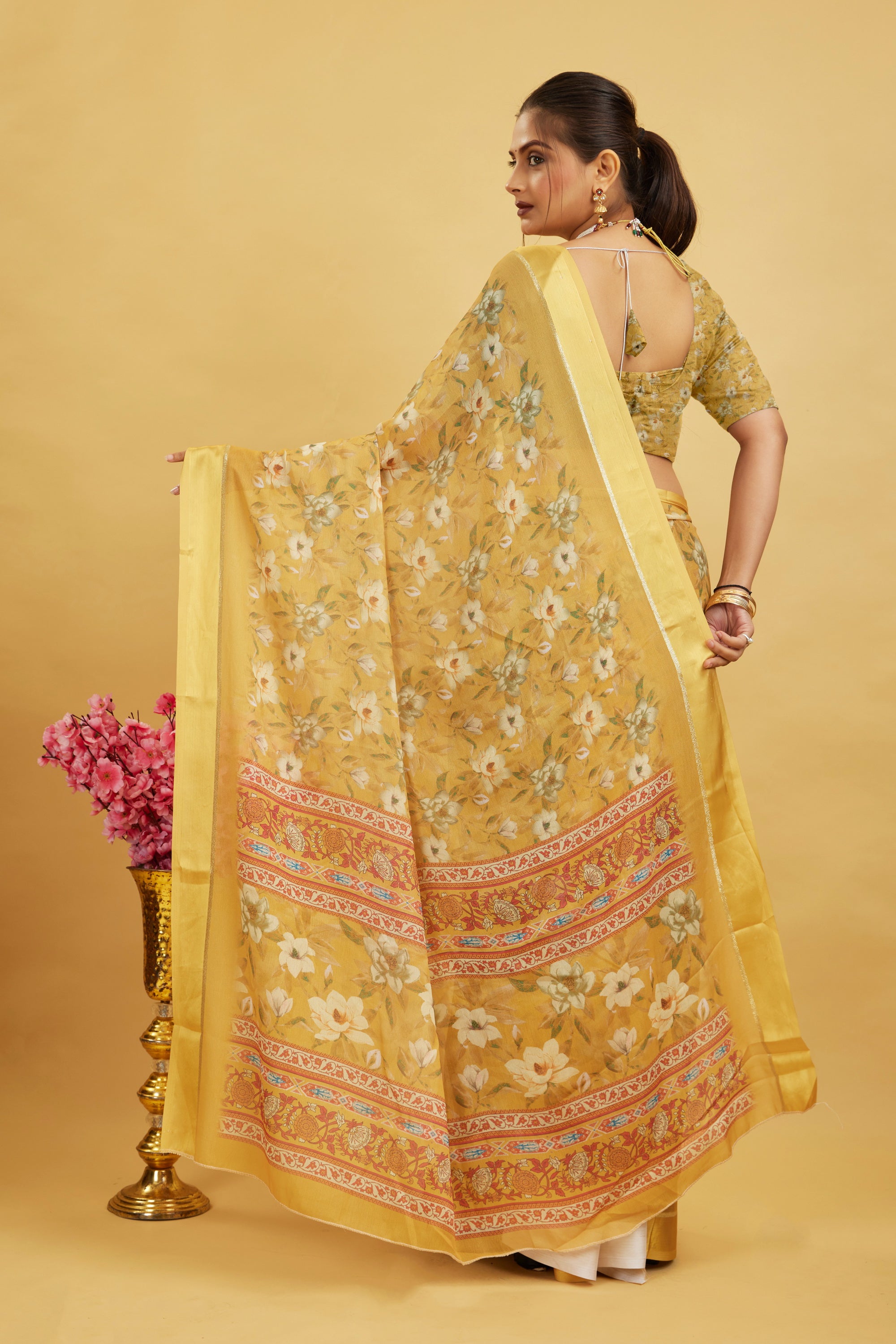 Yellow Floral Printed Bright Moss Saree