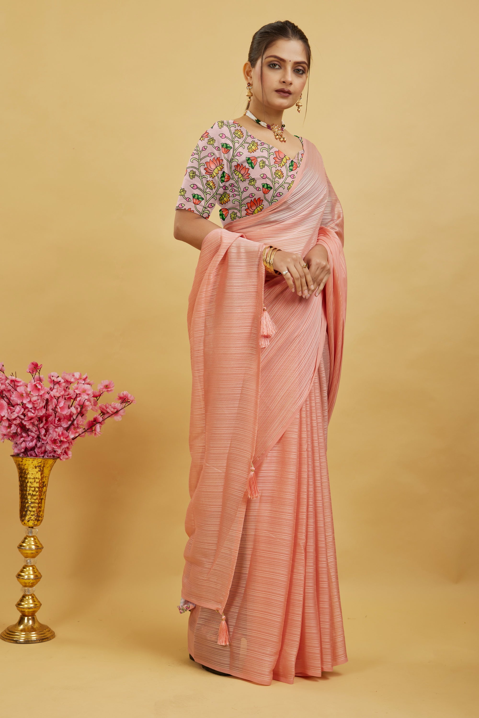 Baby Pink Solid Shimmer Polyester Saree