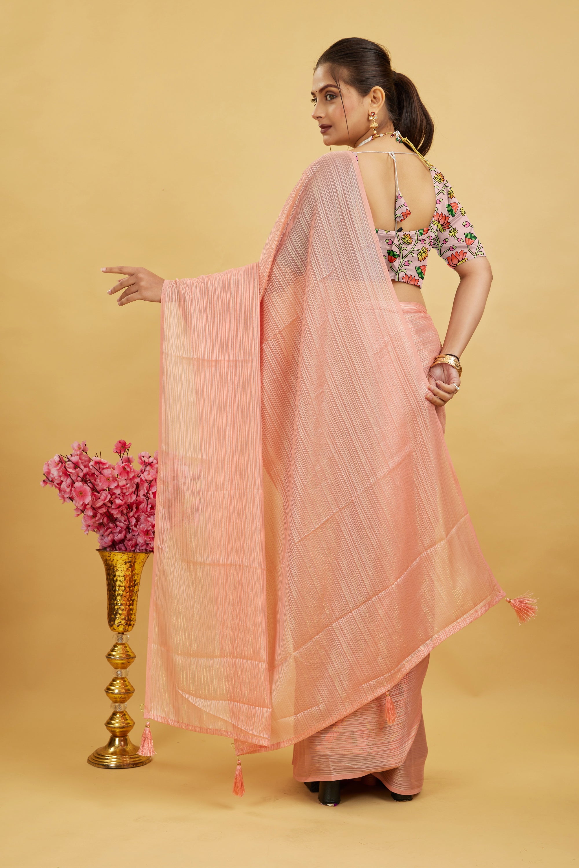 Baby Pink Solid Shimmer Polyester Saree