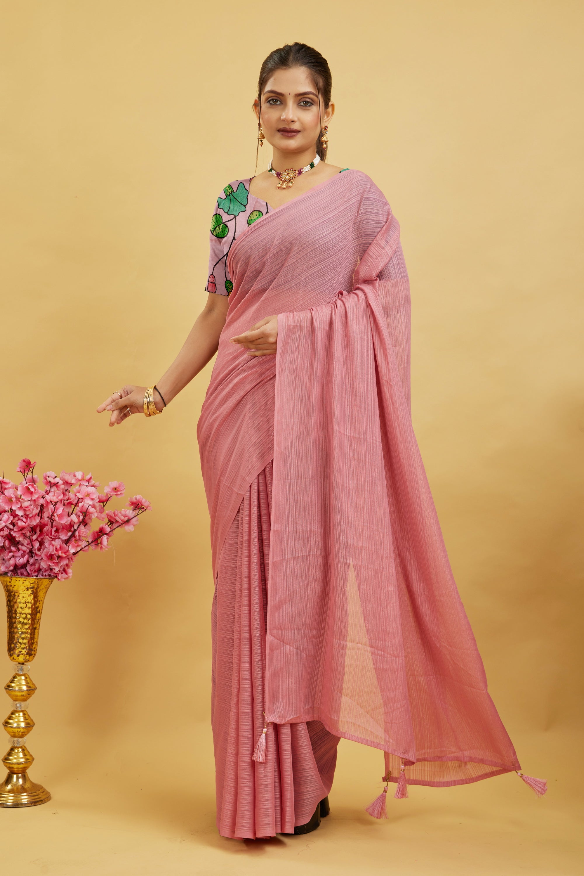 Pink Solid Shimmer Polyester Saree