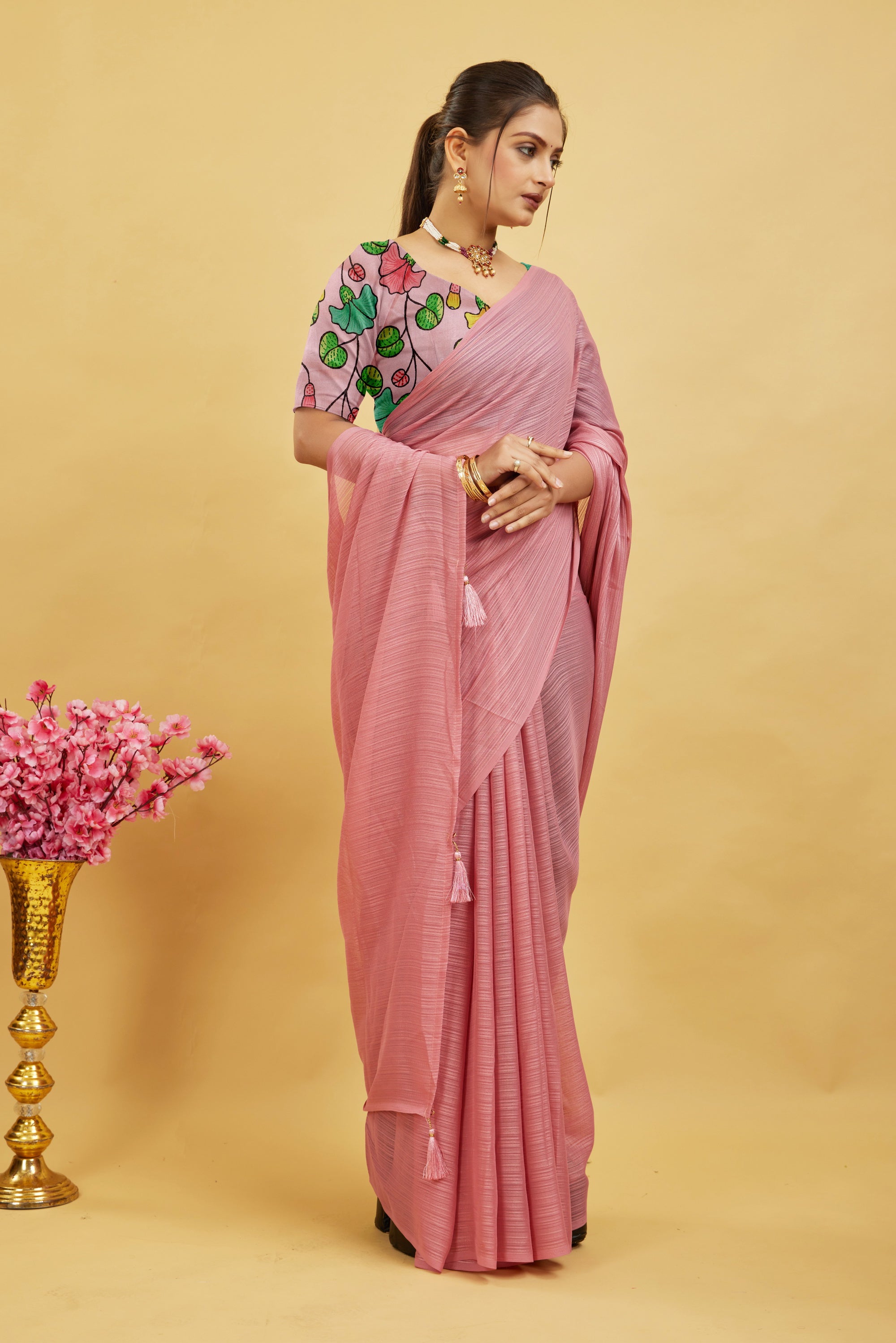 Pink Solid Shimmer Polyester Saree