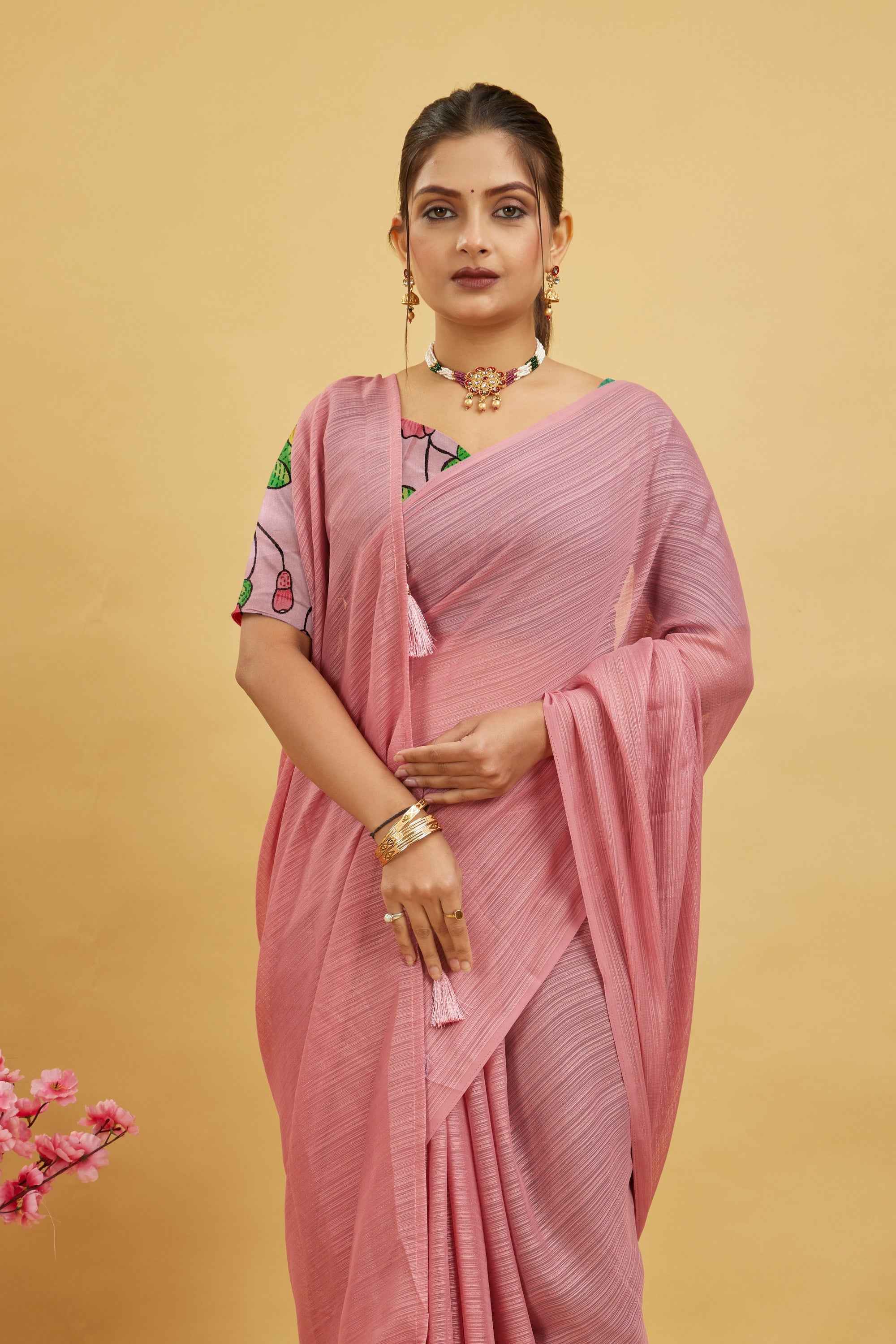 Pink Solid Shimmer Polyester Saree