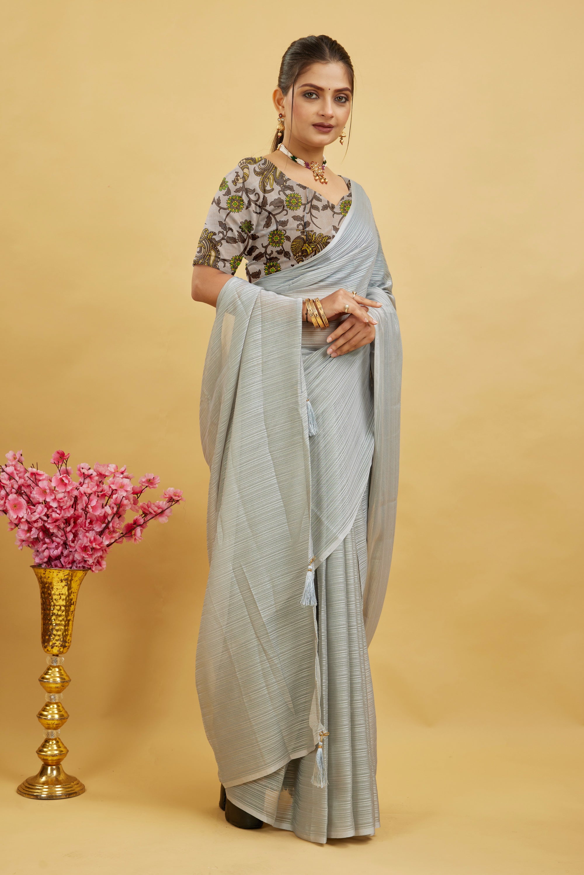 Gray Solid Shimmer Polyester Saree