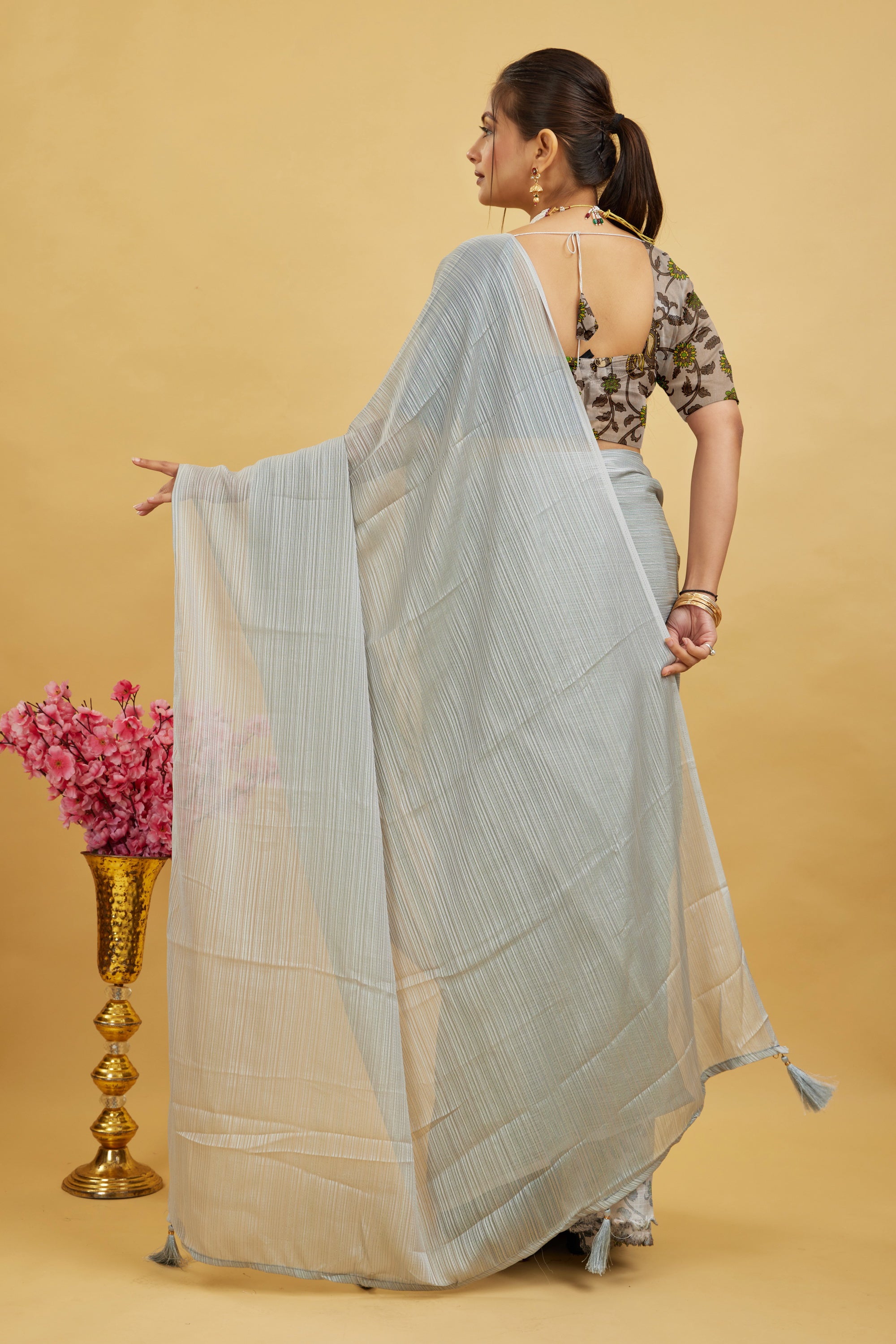 Gray Solid Shimmer Polyester Saree