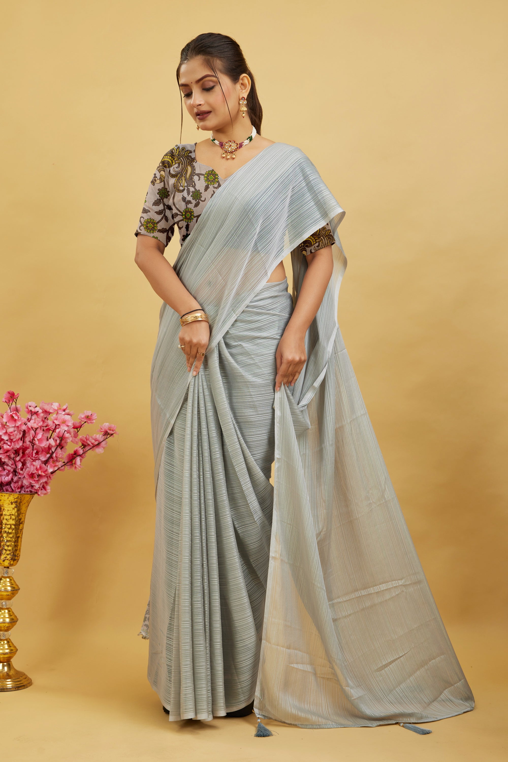 Gray Solid Shimmer Polyester Saree