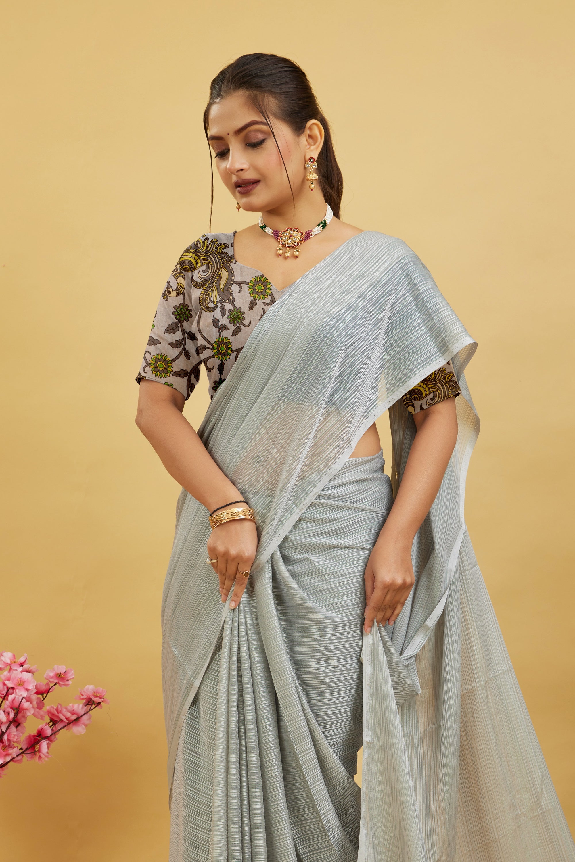 Gray Solid Shimmer Polyester Saree