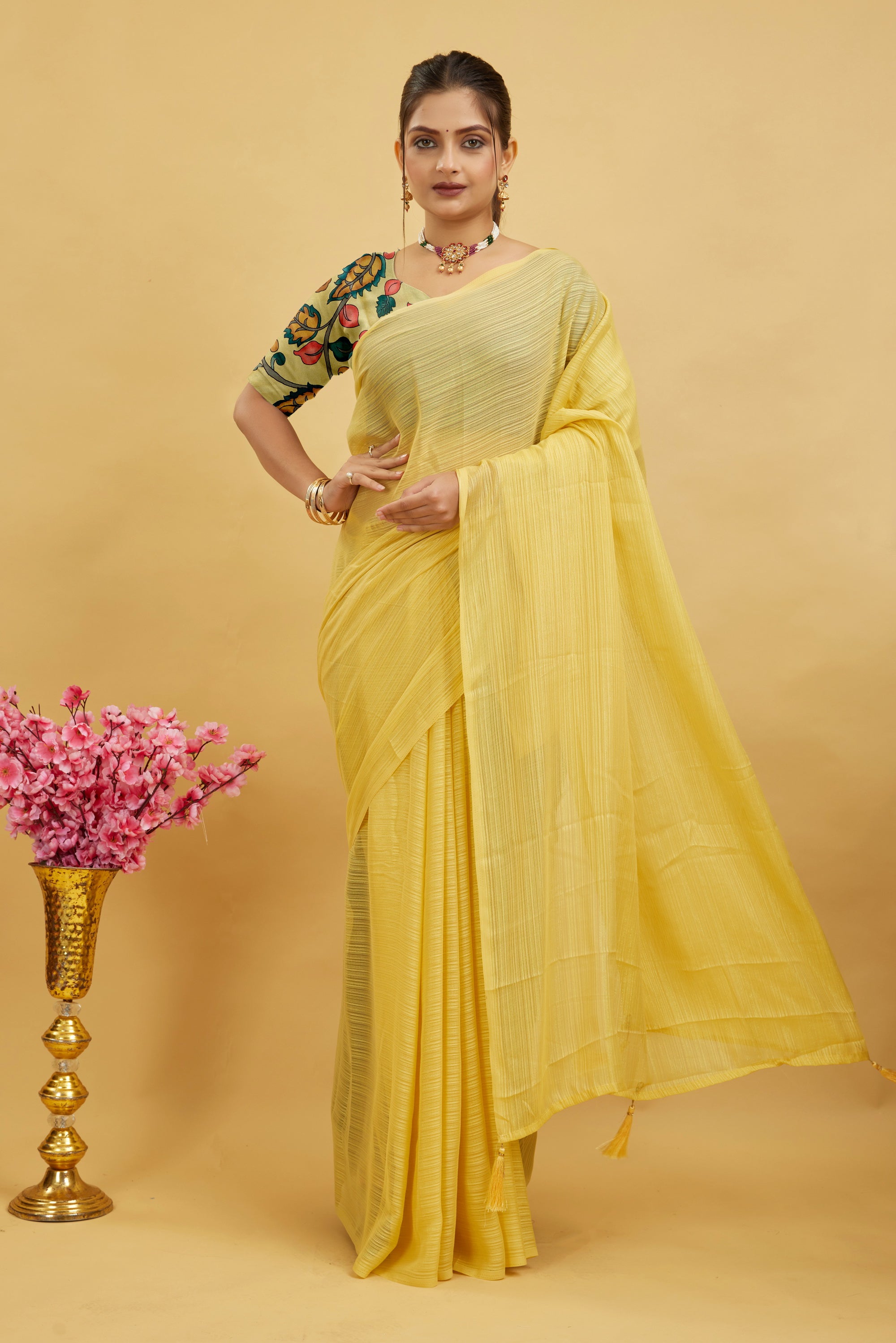 Yellow Solid Shimmer Polyester Saree