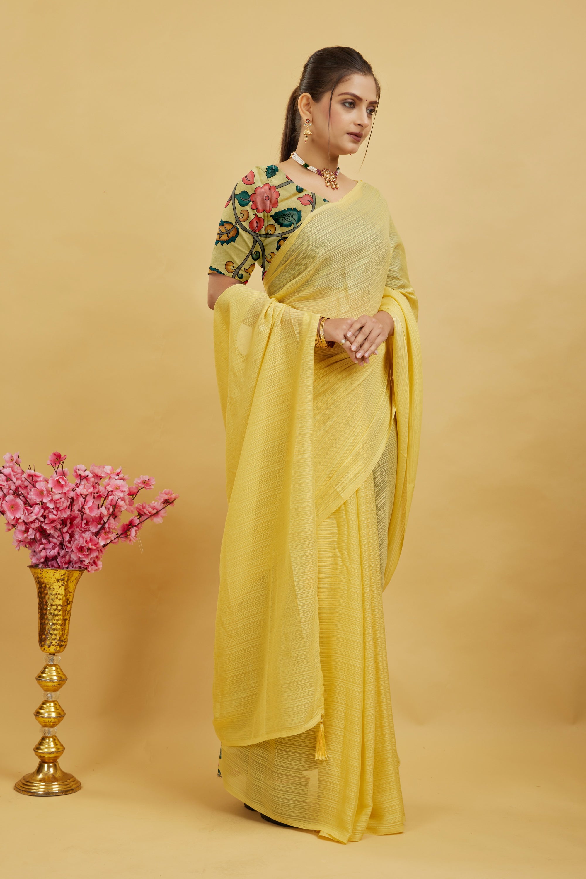 Yellow Solid Shimmer Polyester Saree