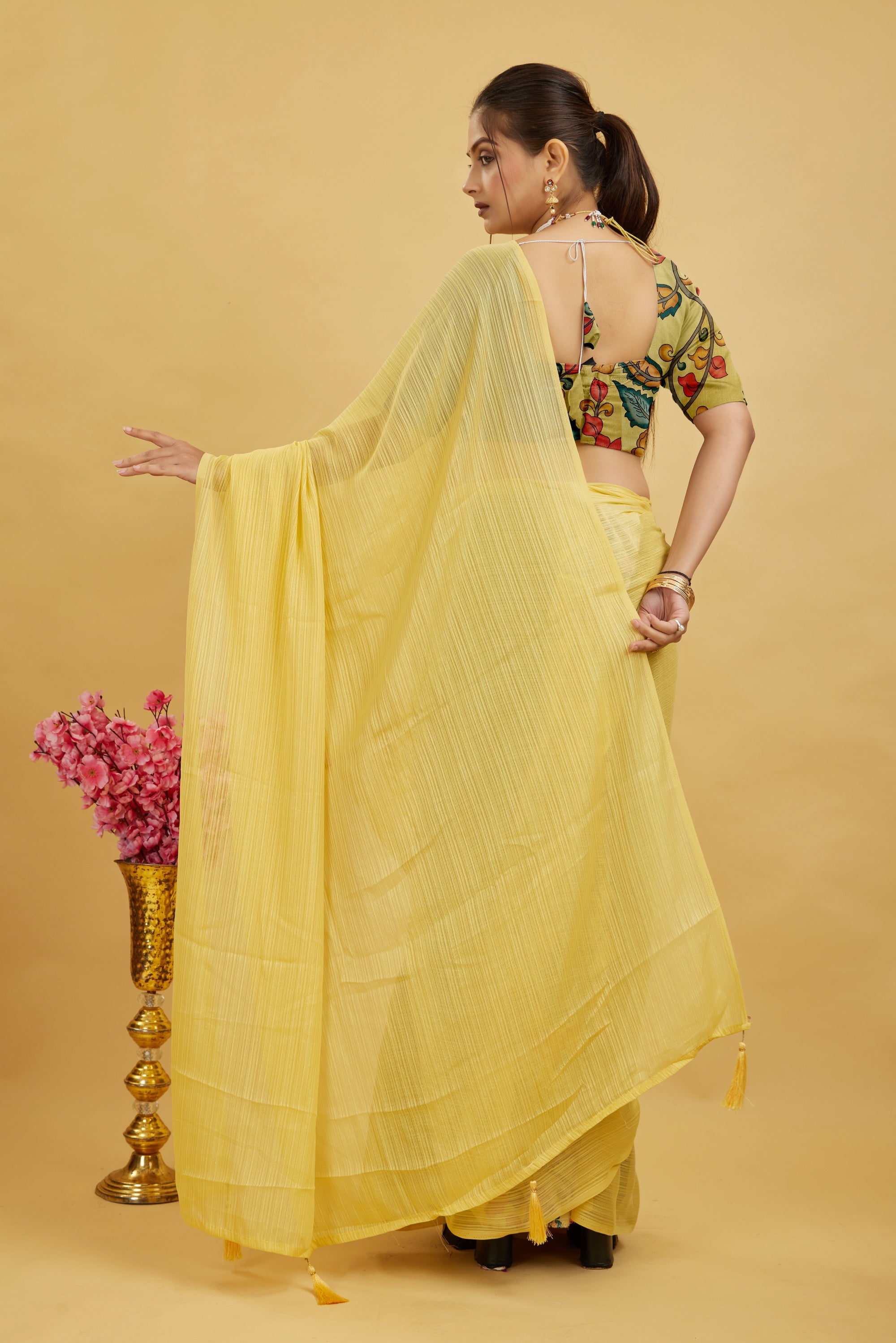 Yellow Solid Shimmer Polyester Saree
