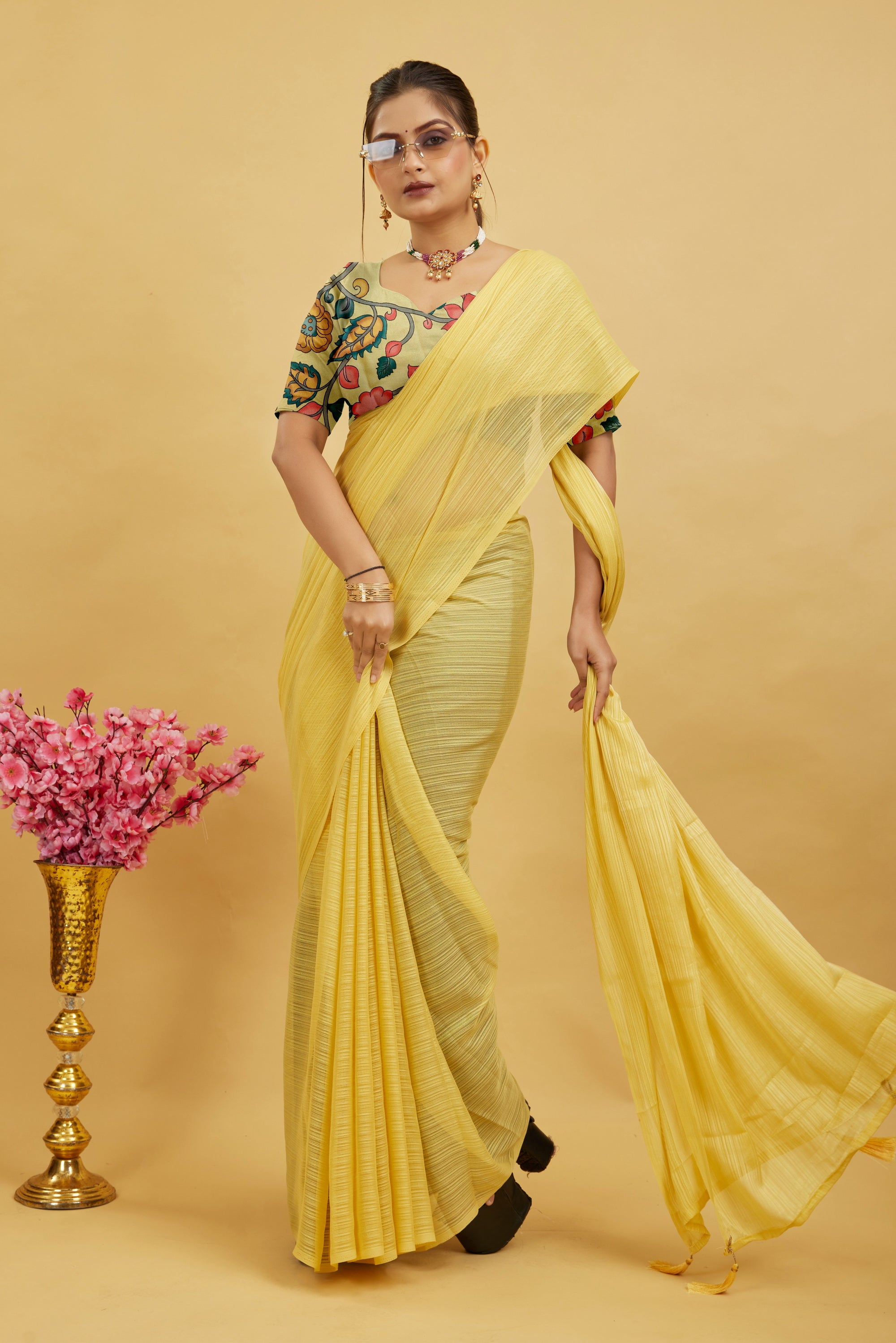 Yellow Solid Shimmer Polyester Saree