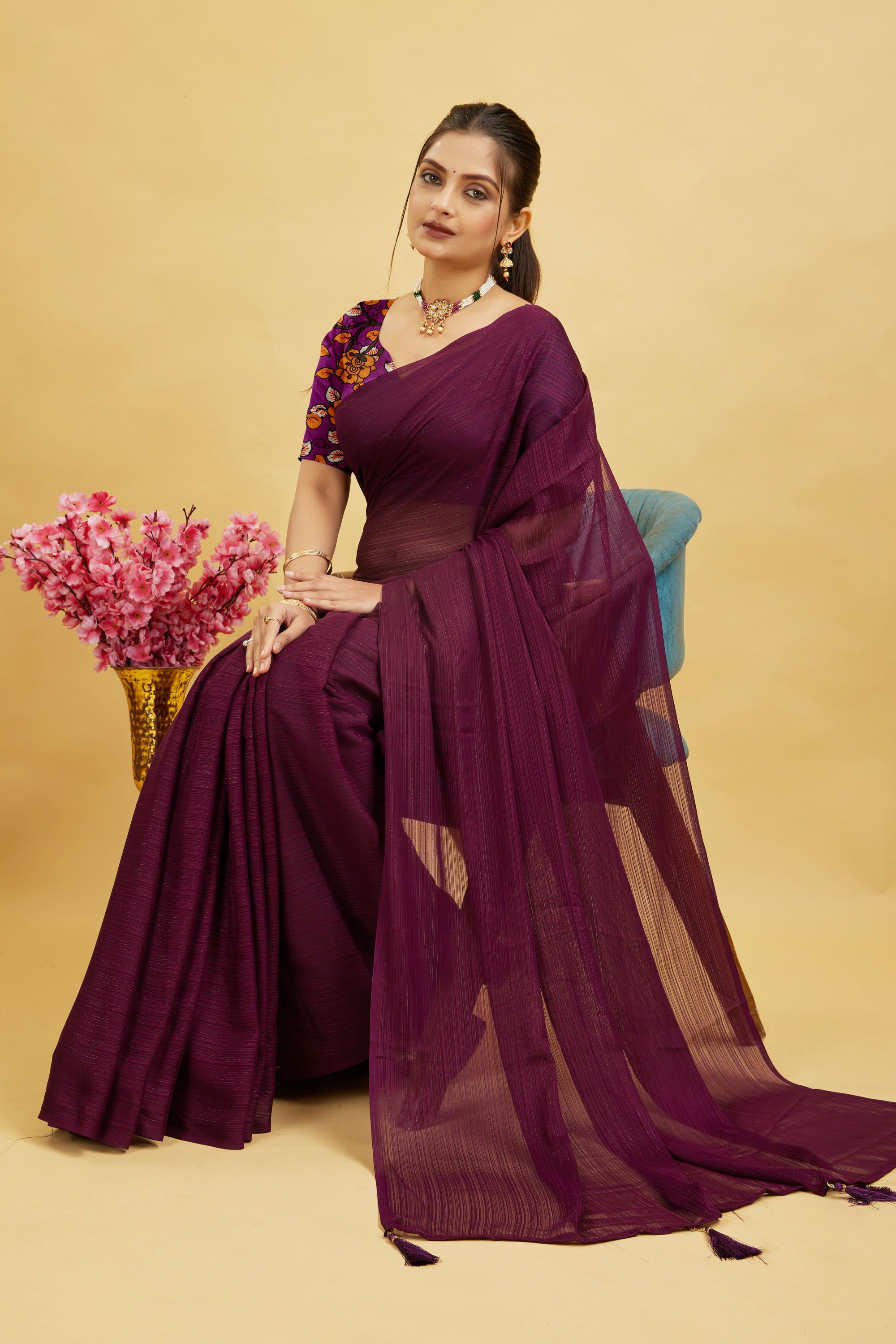 Purple Solid Shimmer Polyester Saree