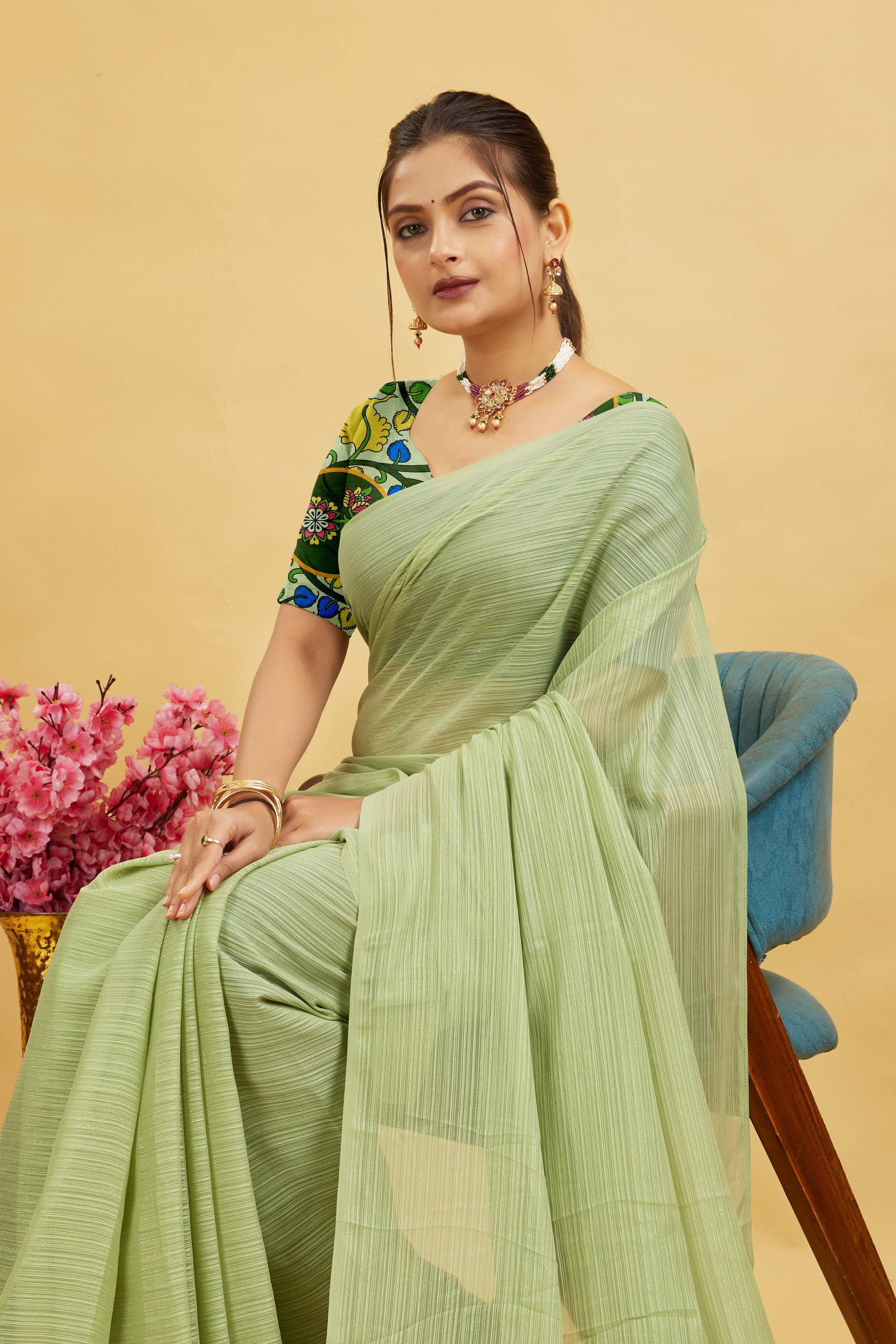 Green Solid Shimmer Polyester Saree
