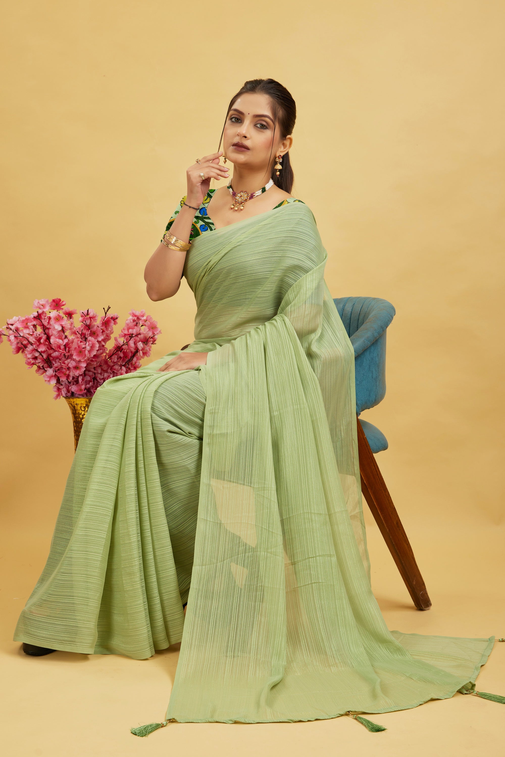 Green Solid Shimmer Polyester Saree