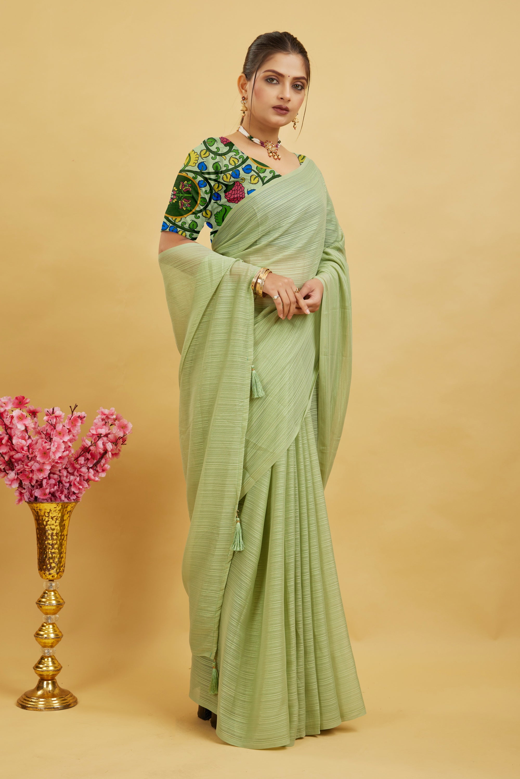 Green Solid Shimmer Polyester Saree