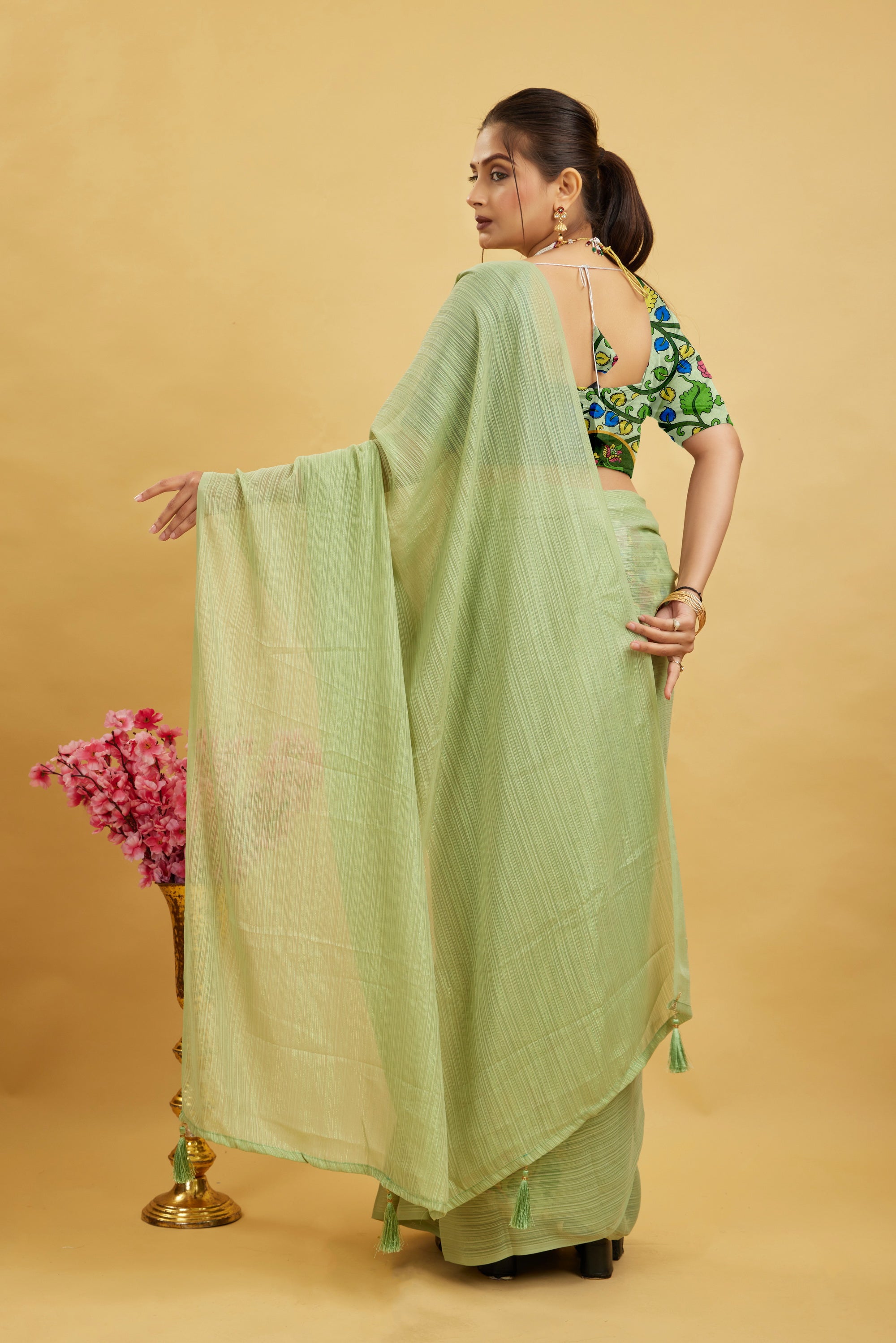 Green Solid Shimmer Polyester Saree