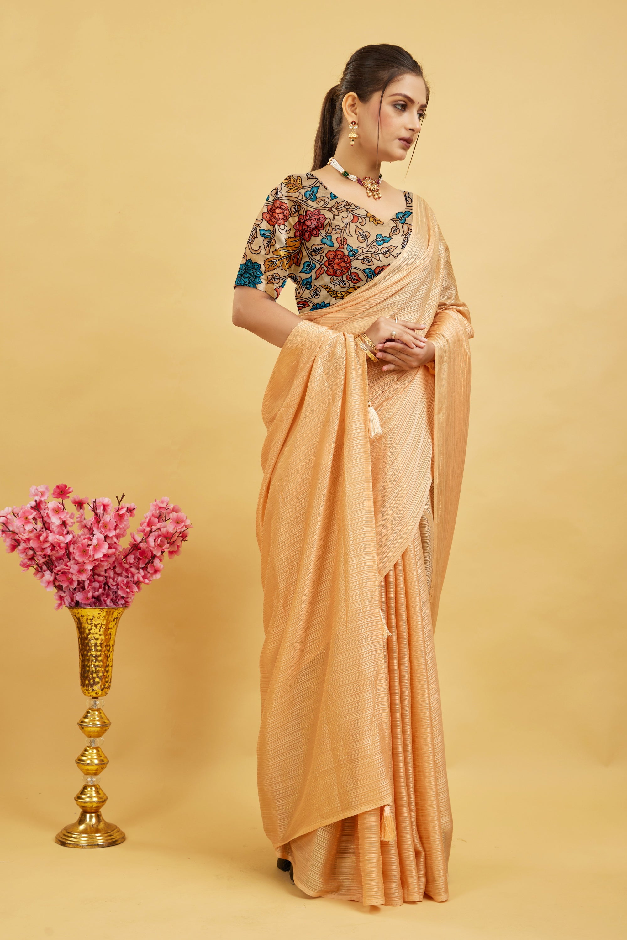 Peach Solid Shimmer Polyester Saree