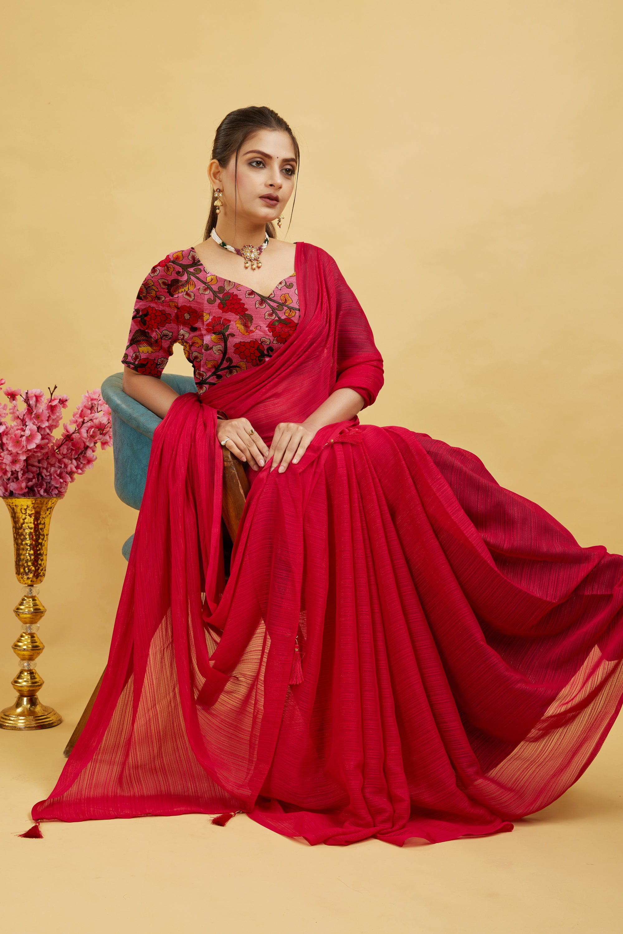 Red Solid Shimmer Polyester Saree