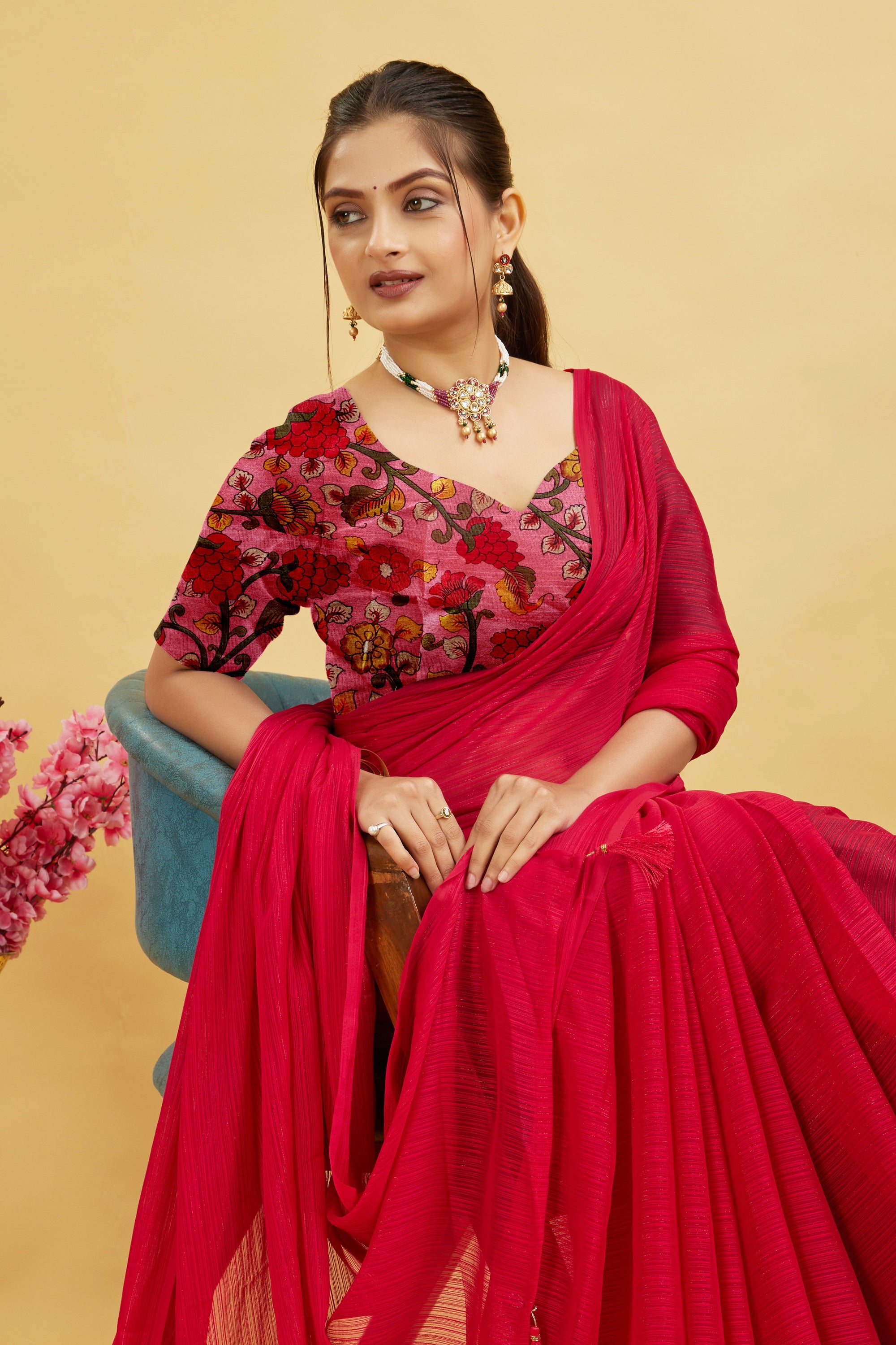 Red Solid Shimmer Polyester Saree