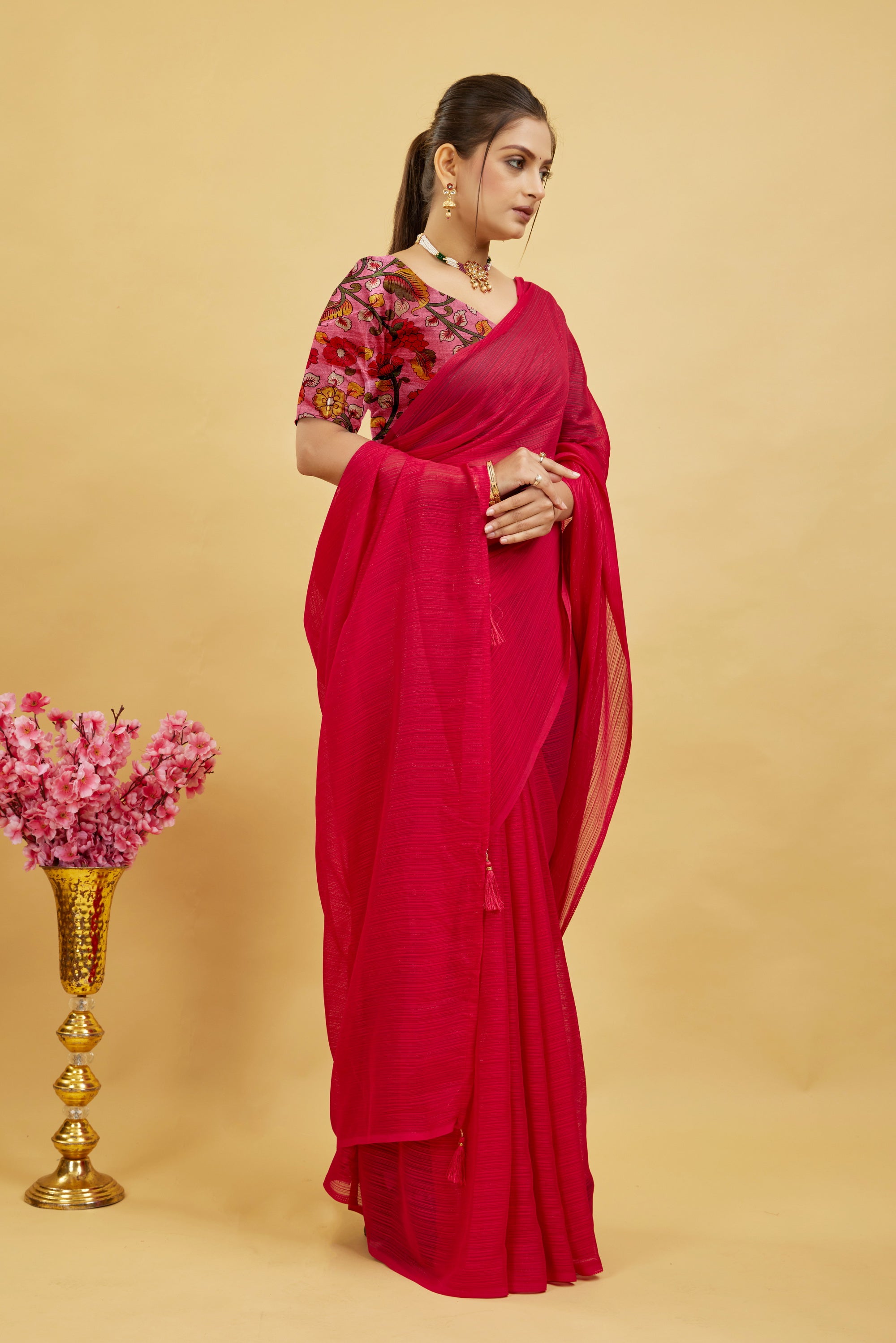 Red Solid Shimmer Polyester Saree