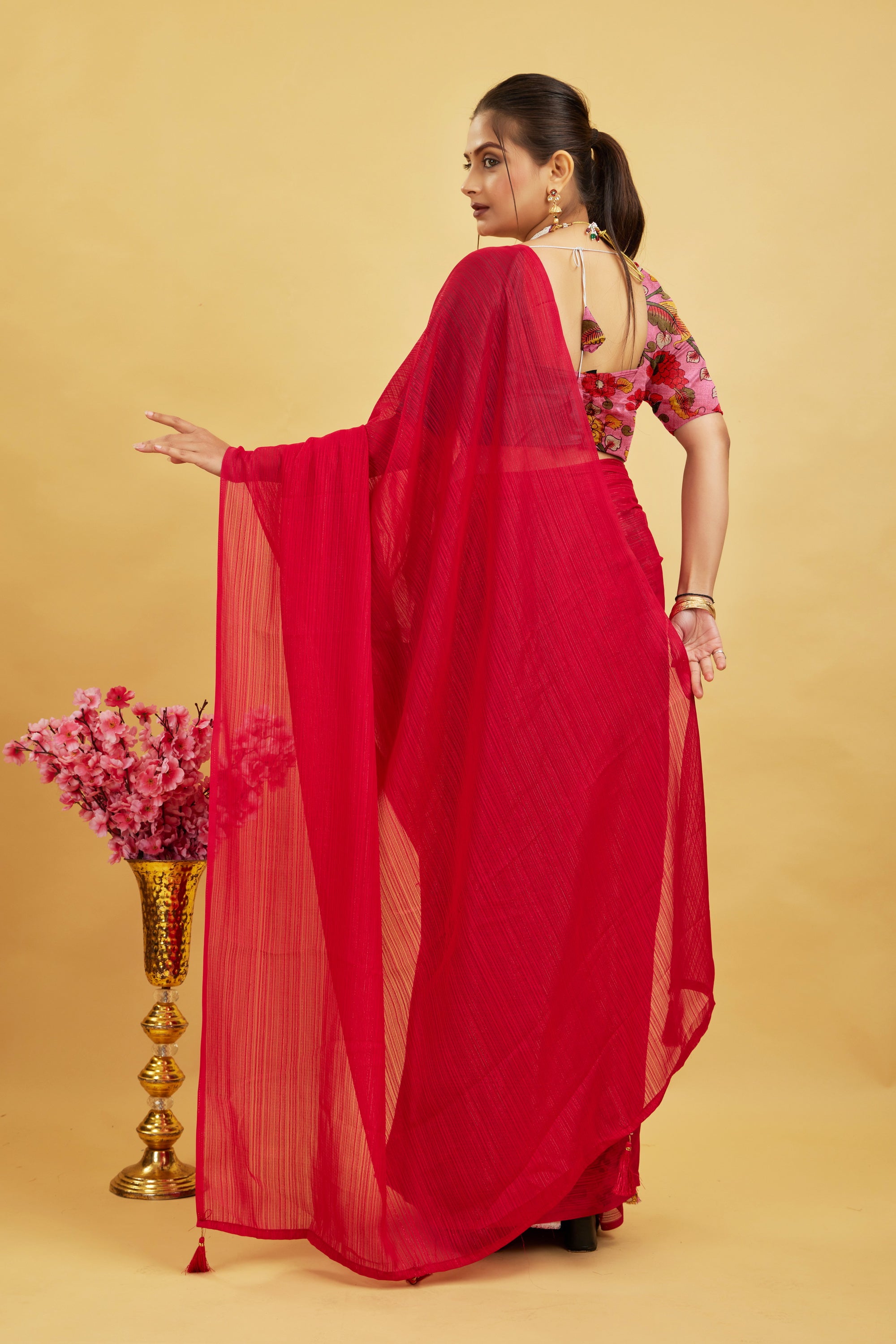 Red Solid Shimmer Polyester Saree