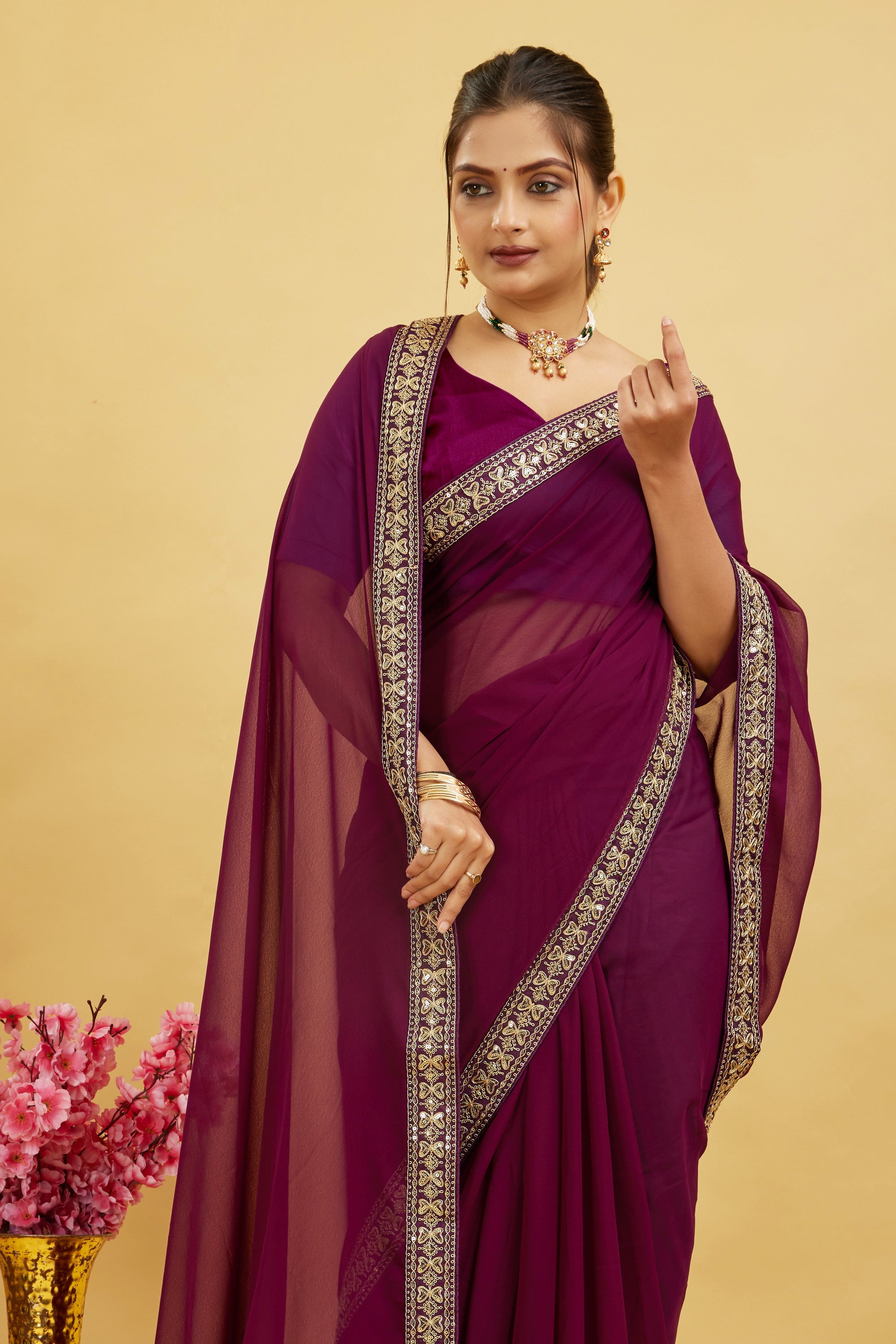 Wine Solid Georgette Saree With Lace