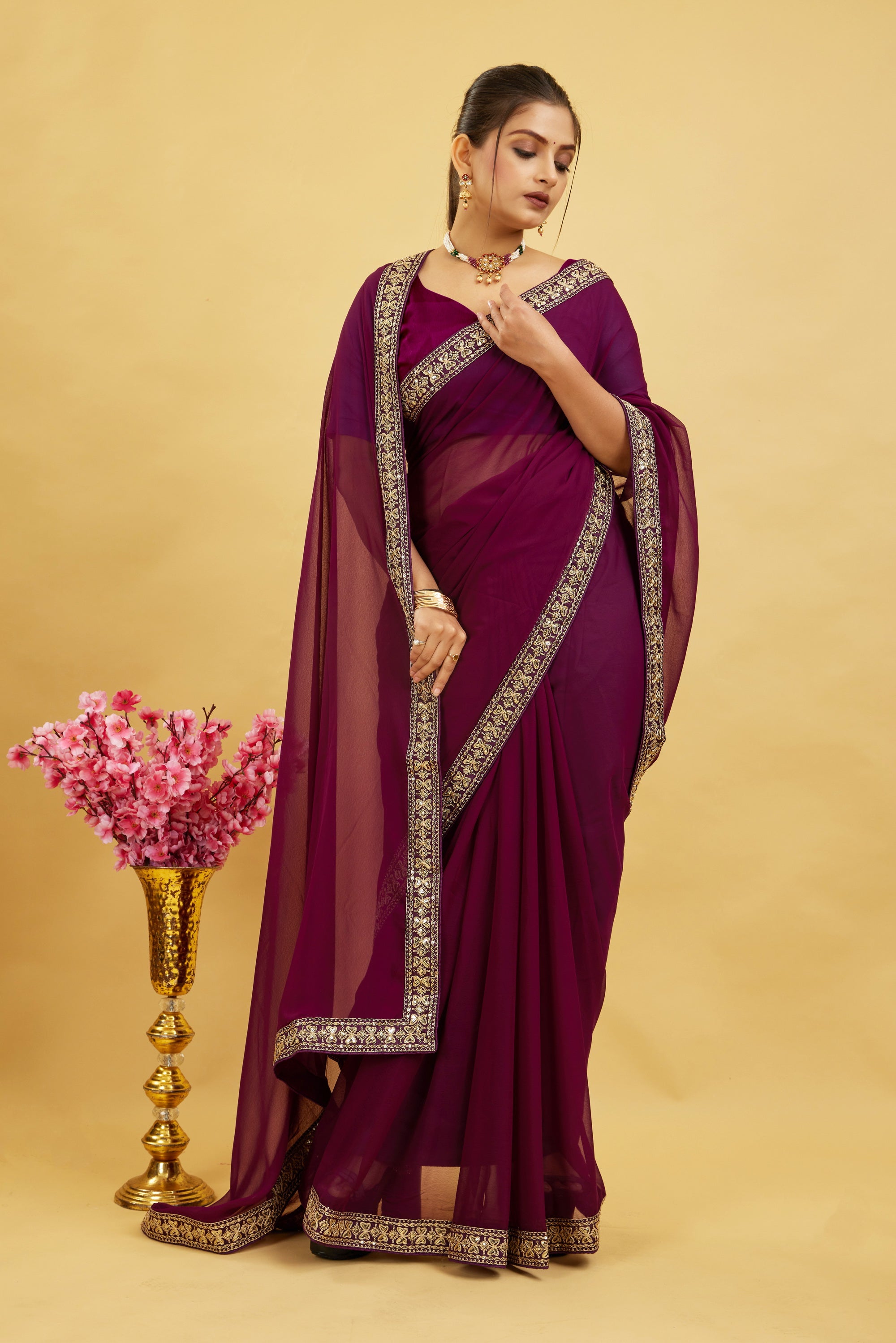 Wine Solid Georgette Saree With Lace
