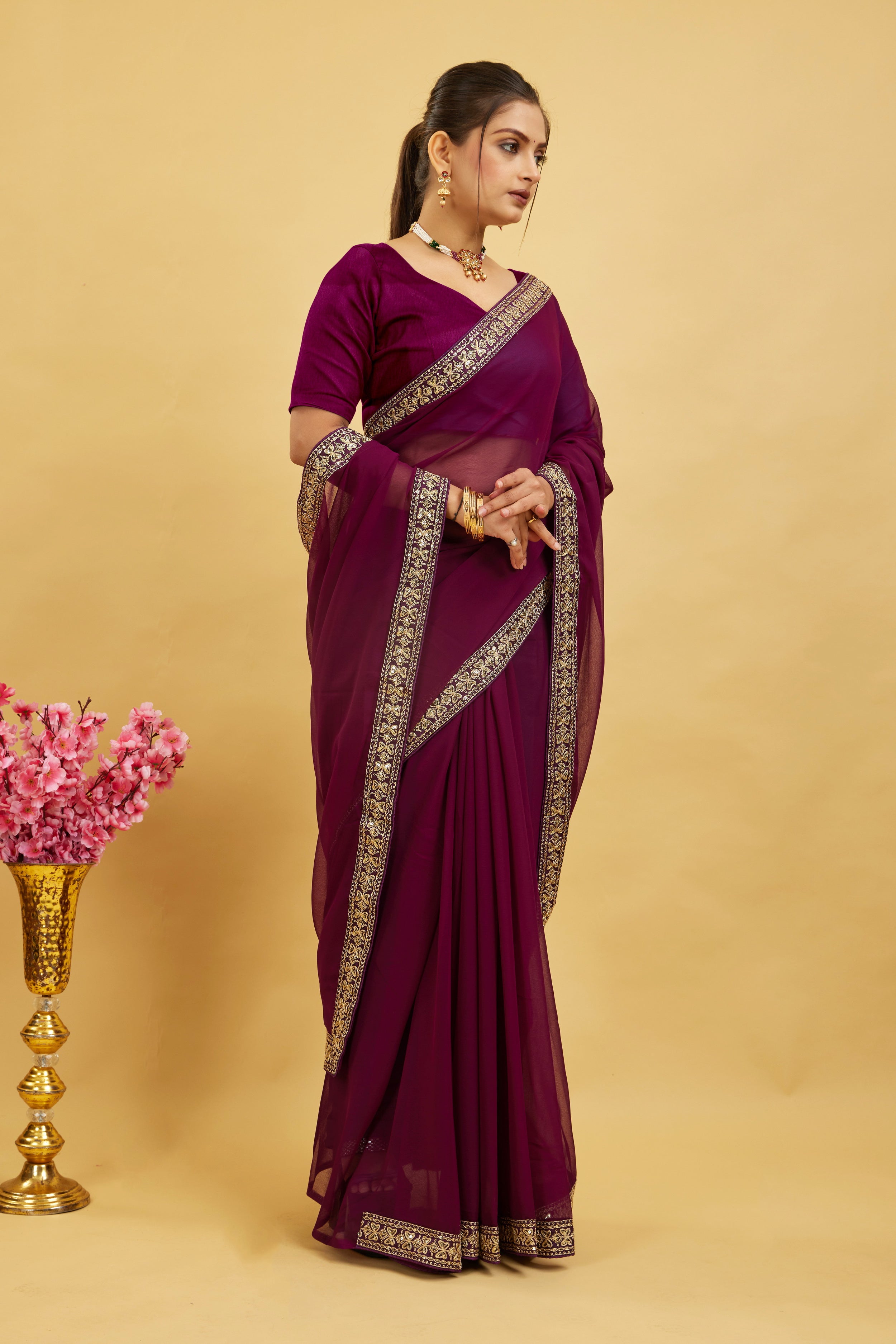 Wine Solid Georgette Saree With Lace