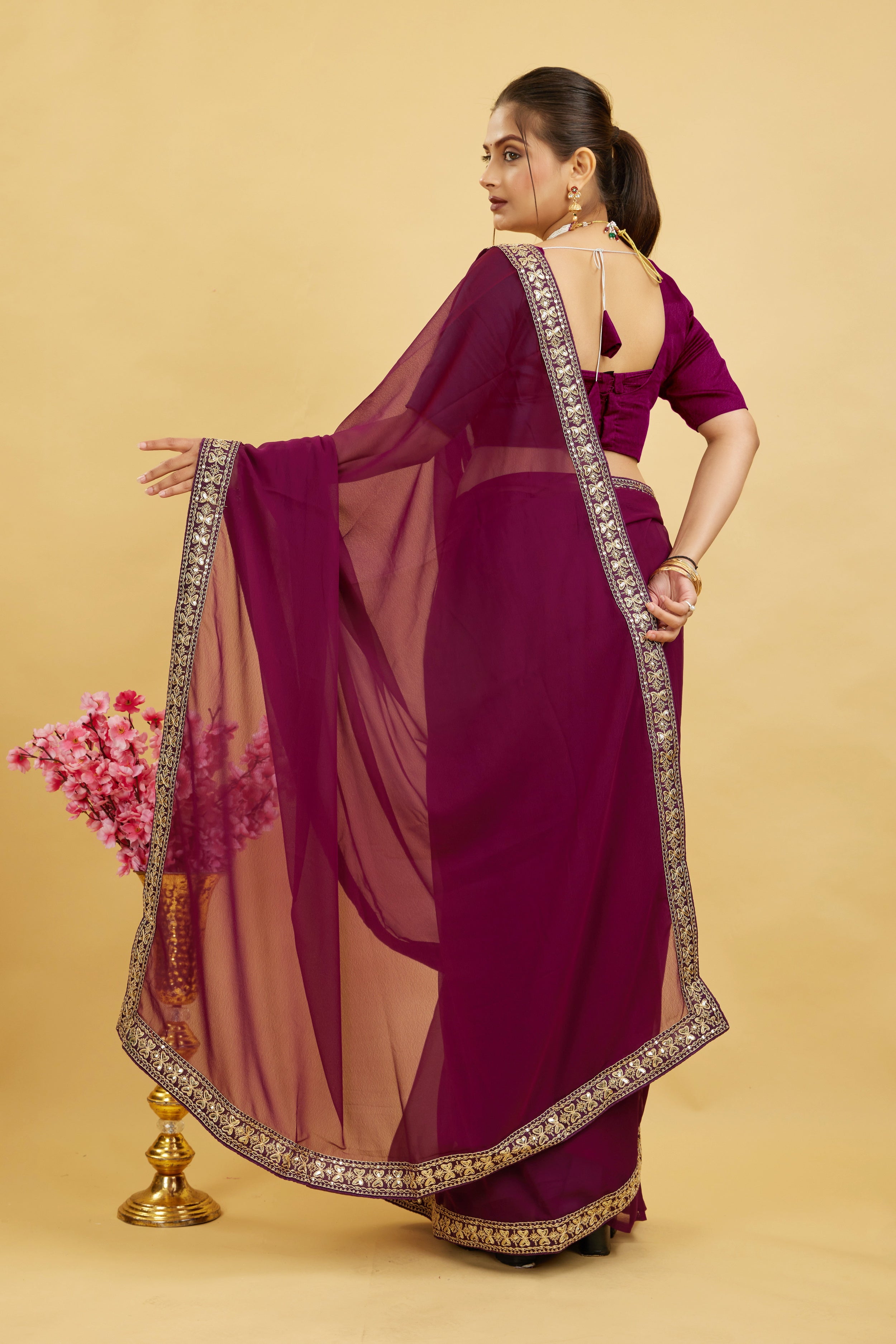 Wine Solid Georgette Saree With Lace