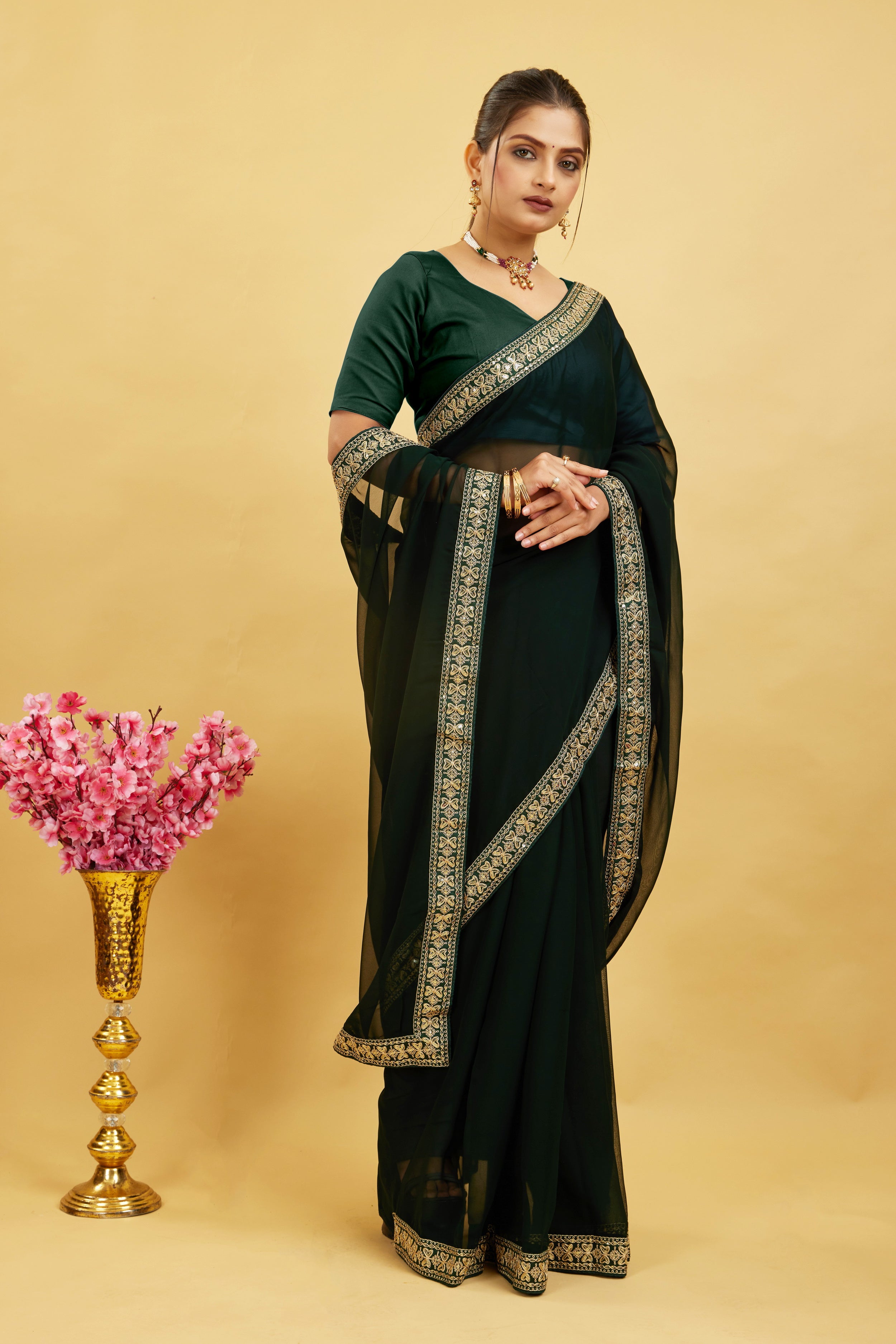 Green Solid Georgette Saree With Lace