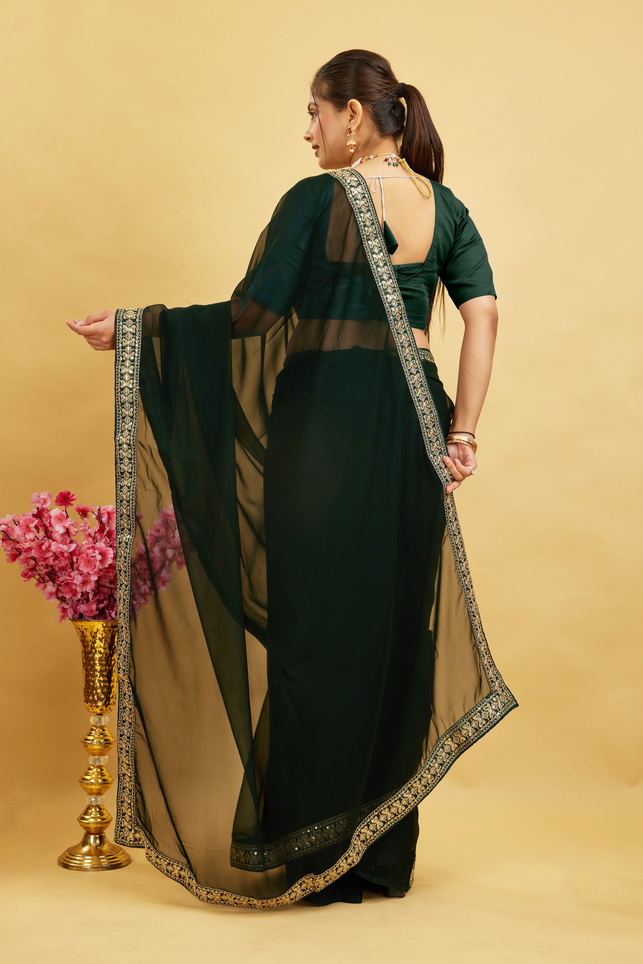 Green Solid Georgette Saree With Lace