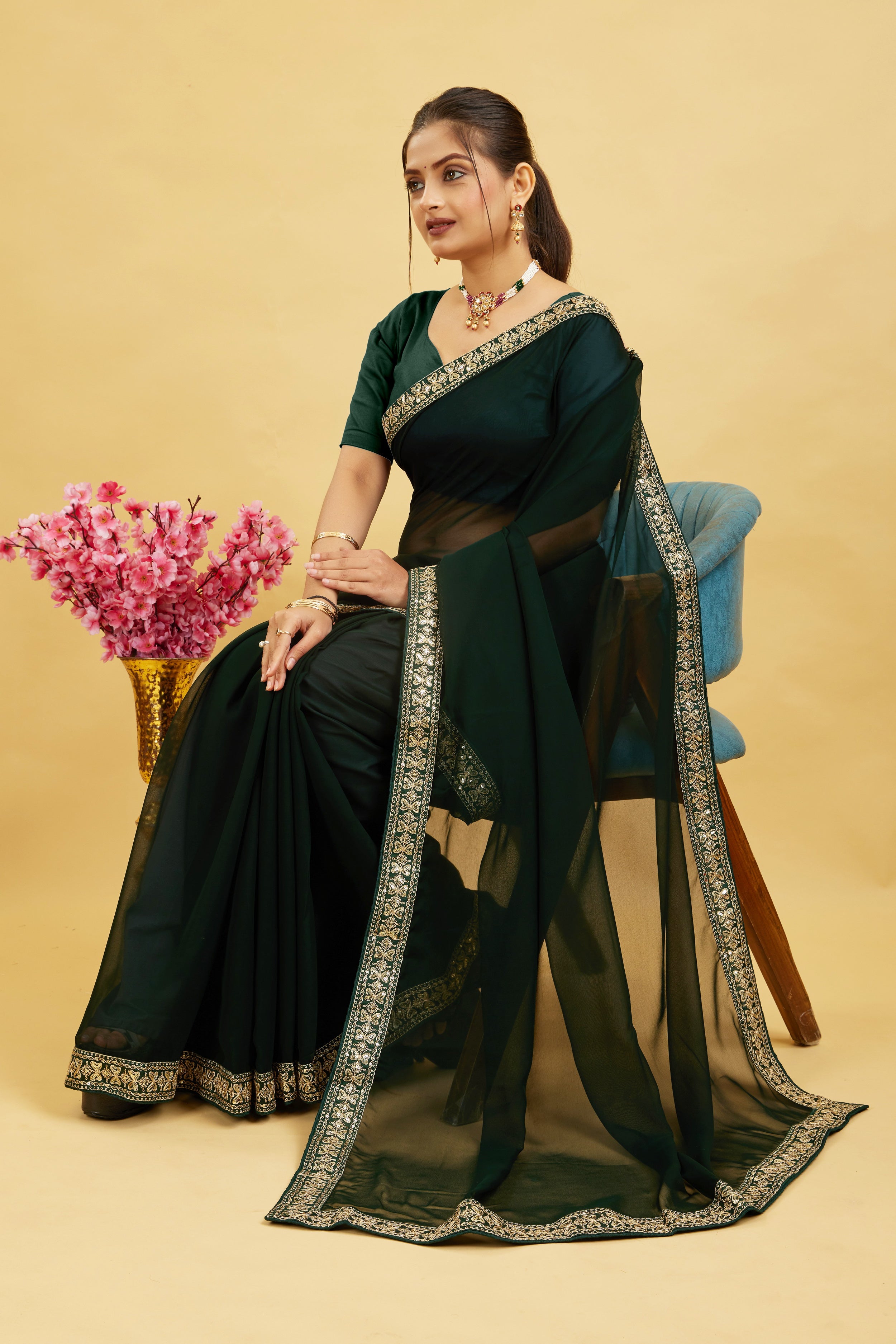 Green Solid Georgette Saree With Lace