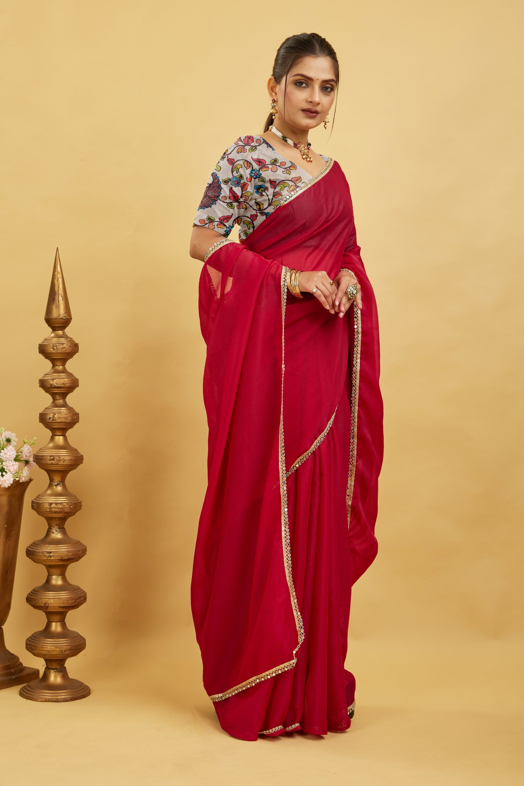 Red Solid Plain Georgette Saree