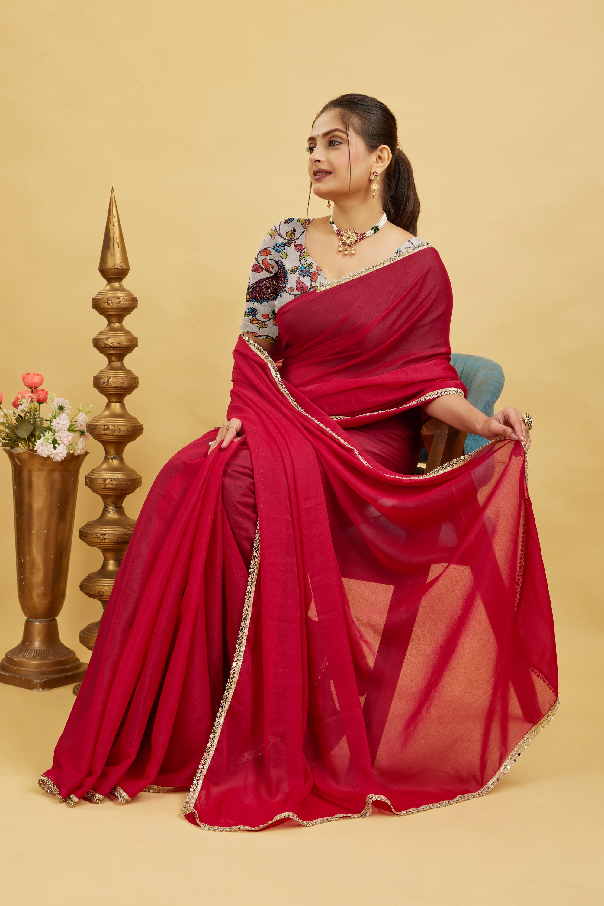 Red Solid Plain Georgette Saree