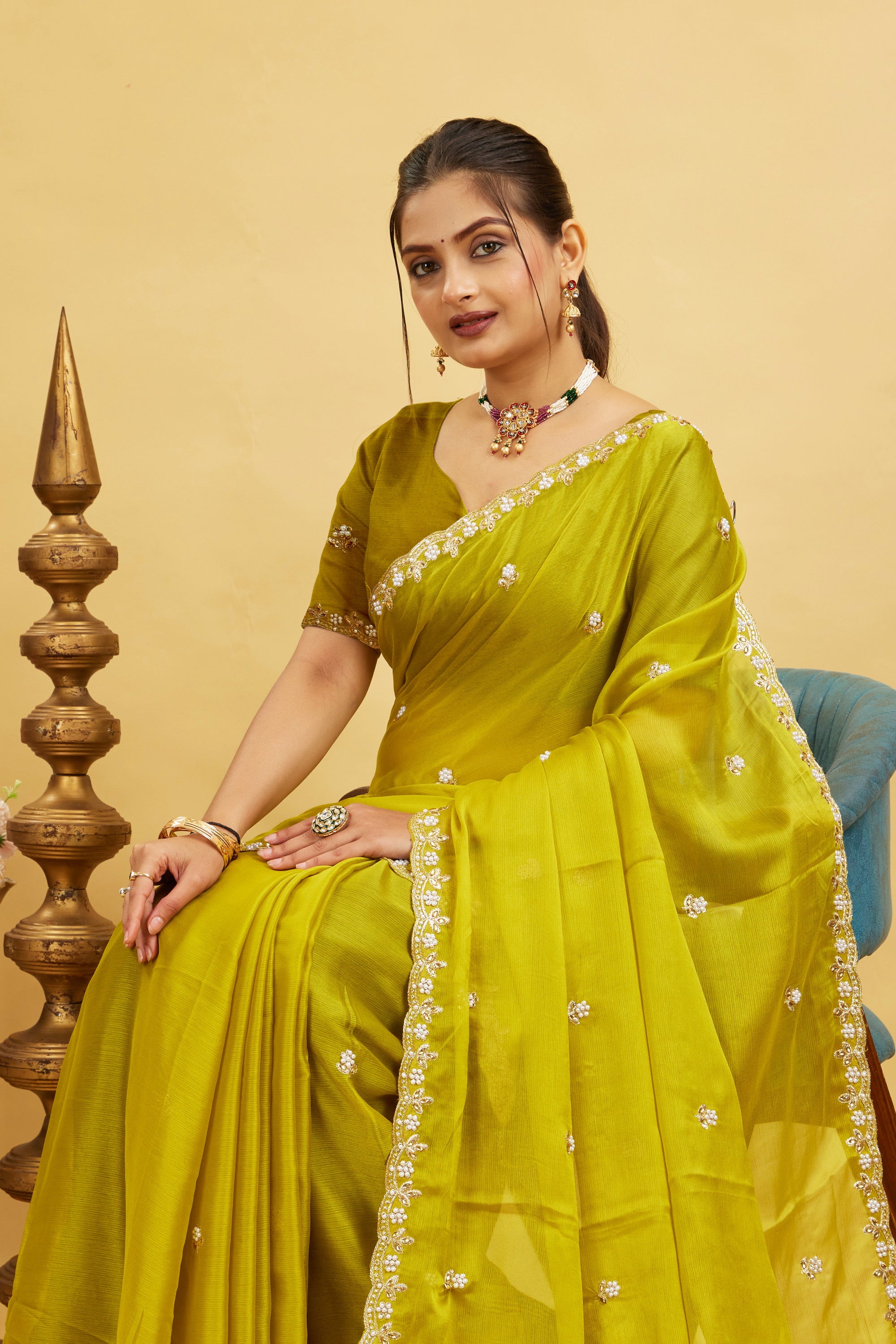 Yellow Chiffon Embroidered Silk Saree