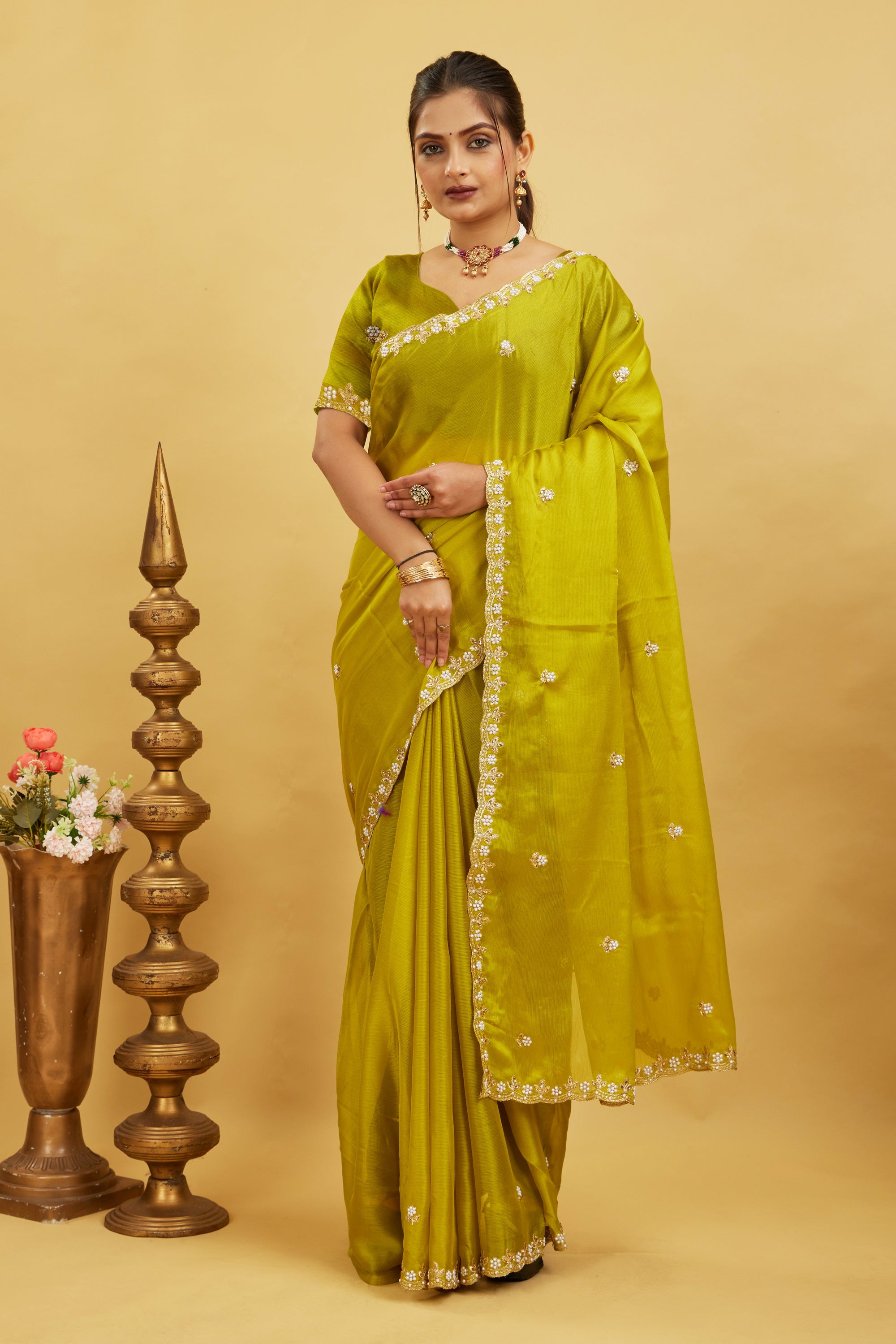 Yellow Chiffon Embroidered Silk Saree