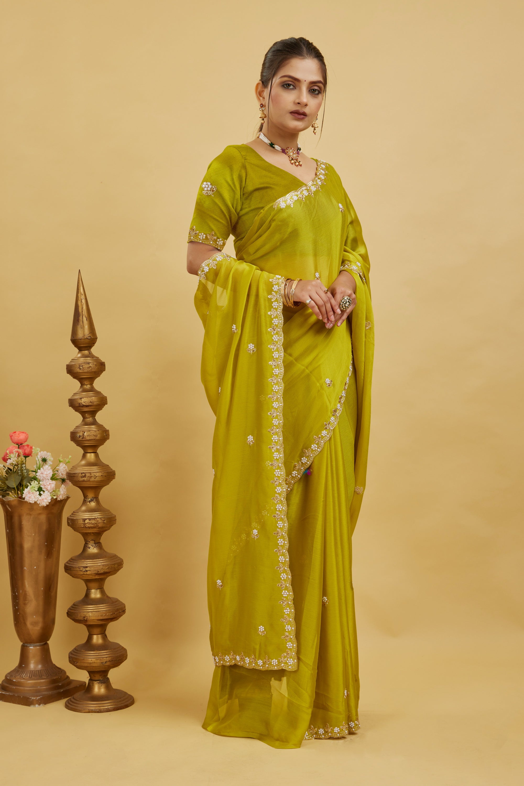 Yellow Chiffon Embroidered Silk Saree