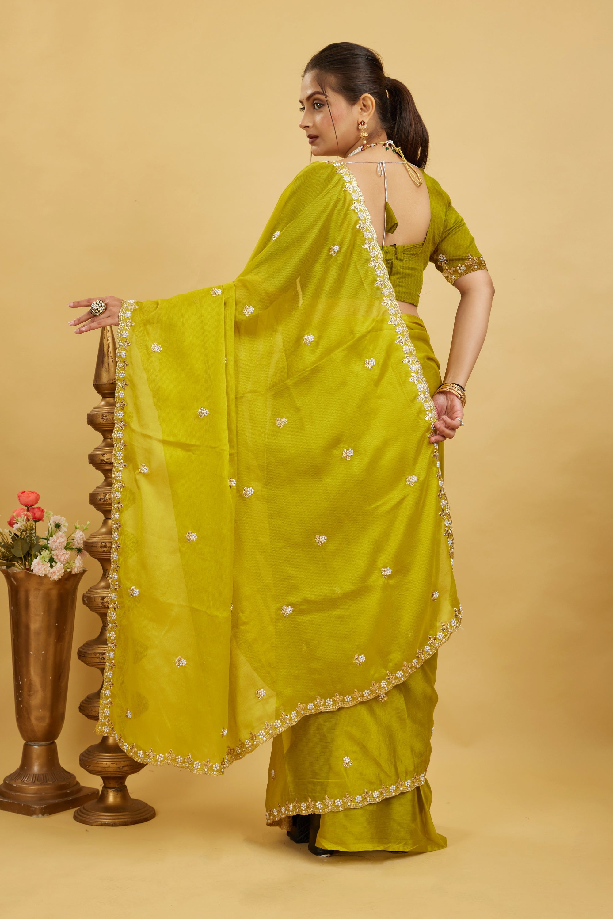 Yellow Chiffon Embroidered Silk Saree
