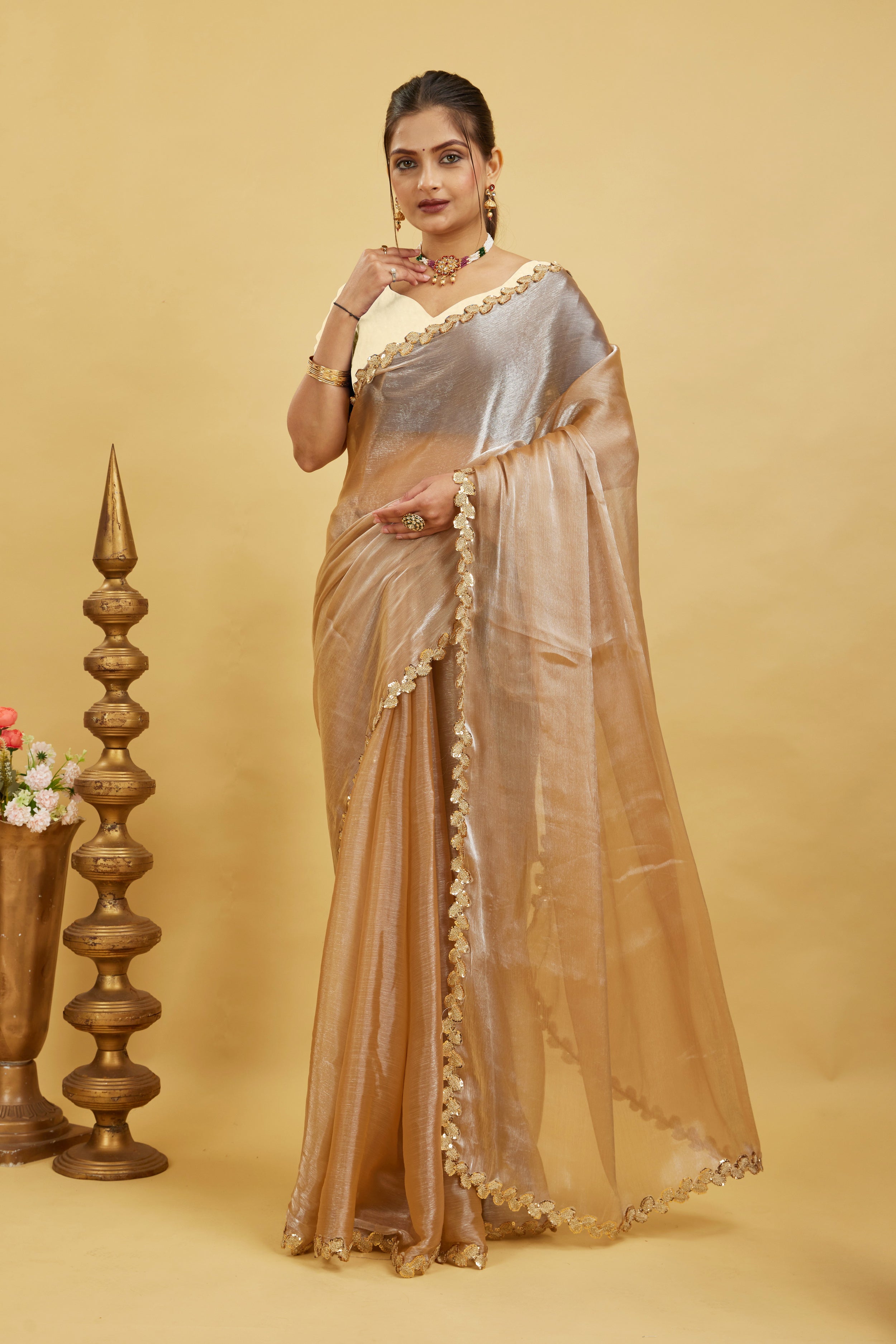 Gold Jimmy Choo Plain Chiffon Saree