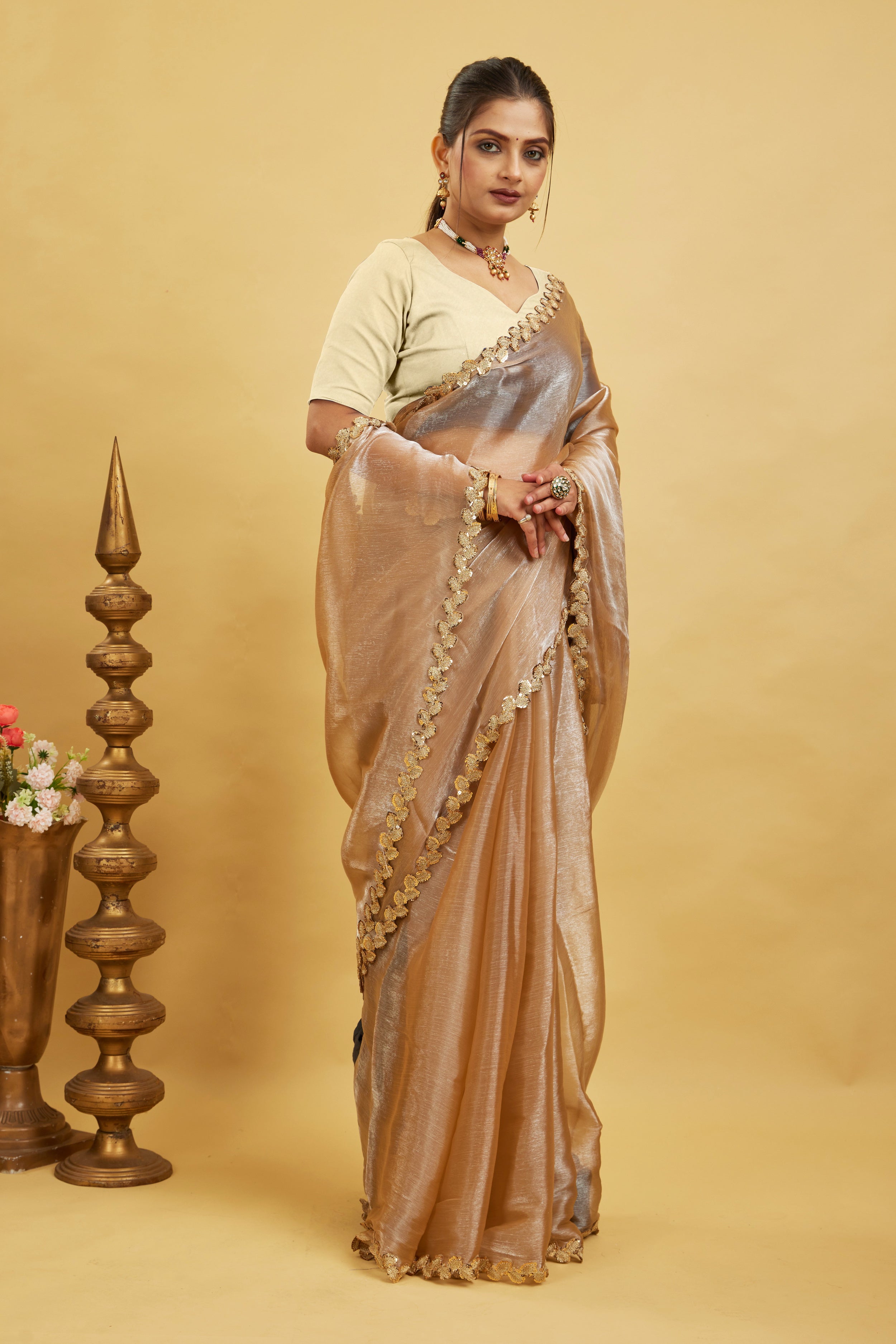 Gold Jimmy Choo Plain Chiffon Saree