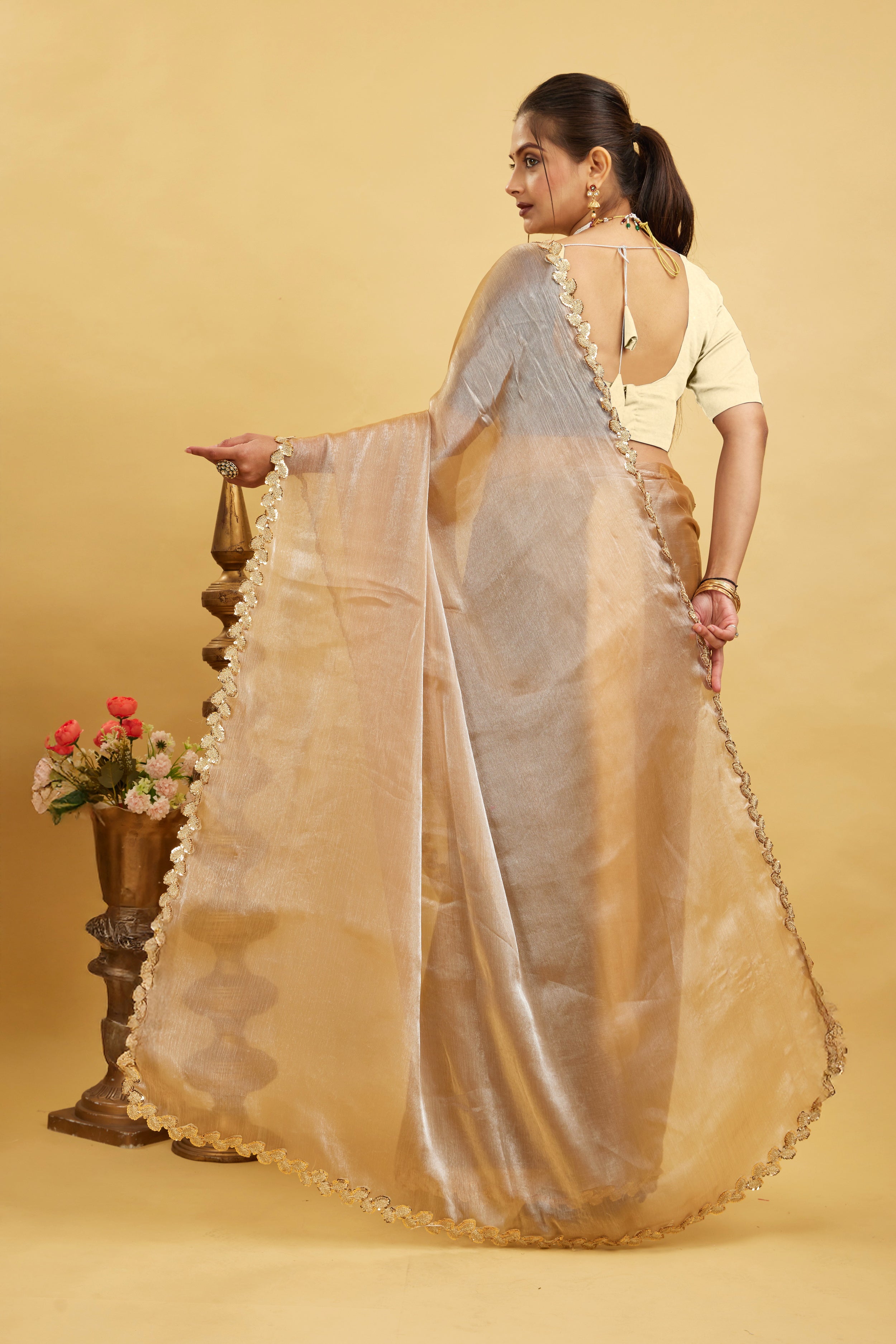 Gold Jimmy Choo Plain Chiffon Saree