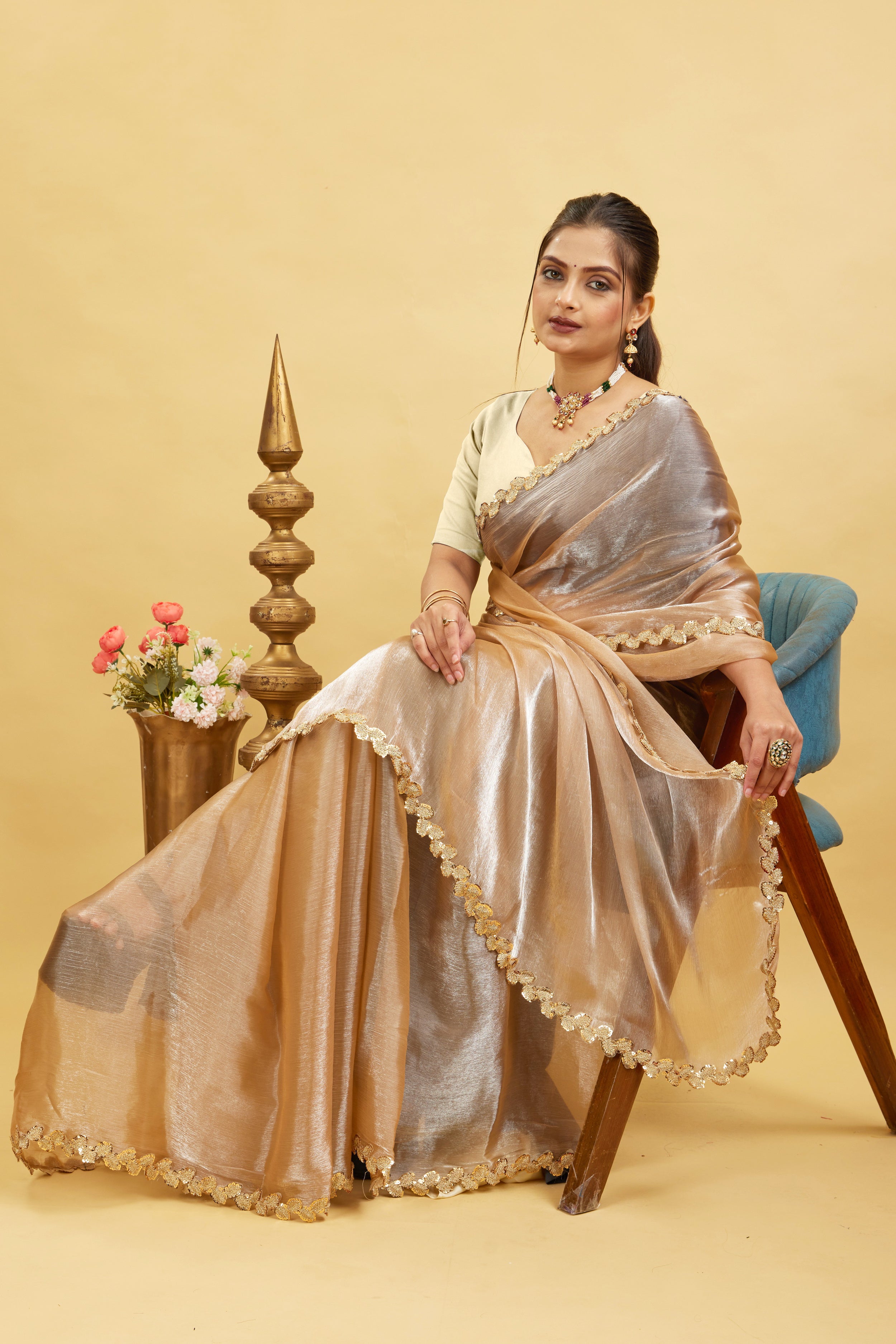 Gold Jimmy Choo Plain Chiffon Saree
