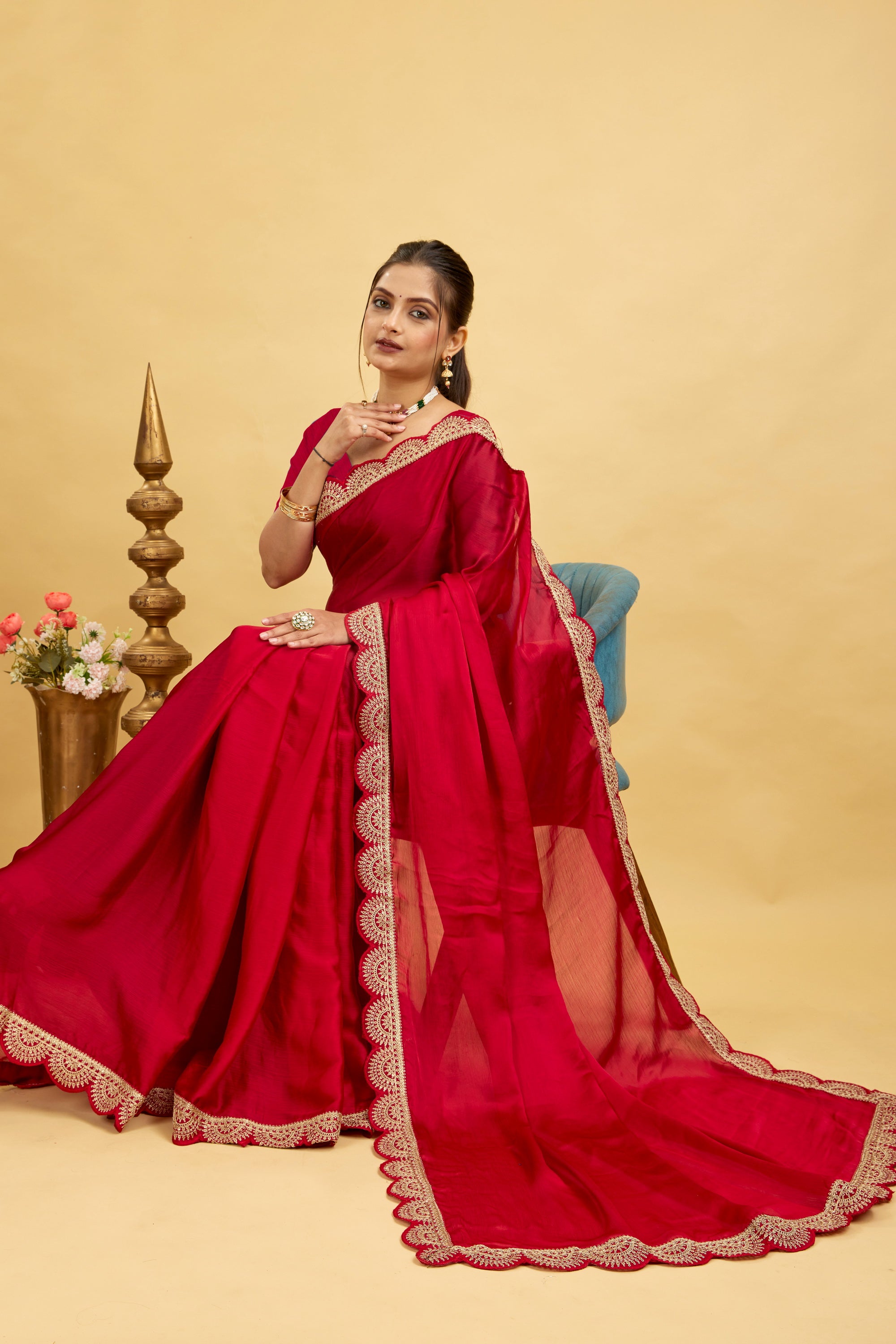 Red Embroidered Satin Chiffon Saree