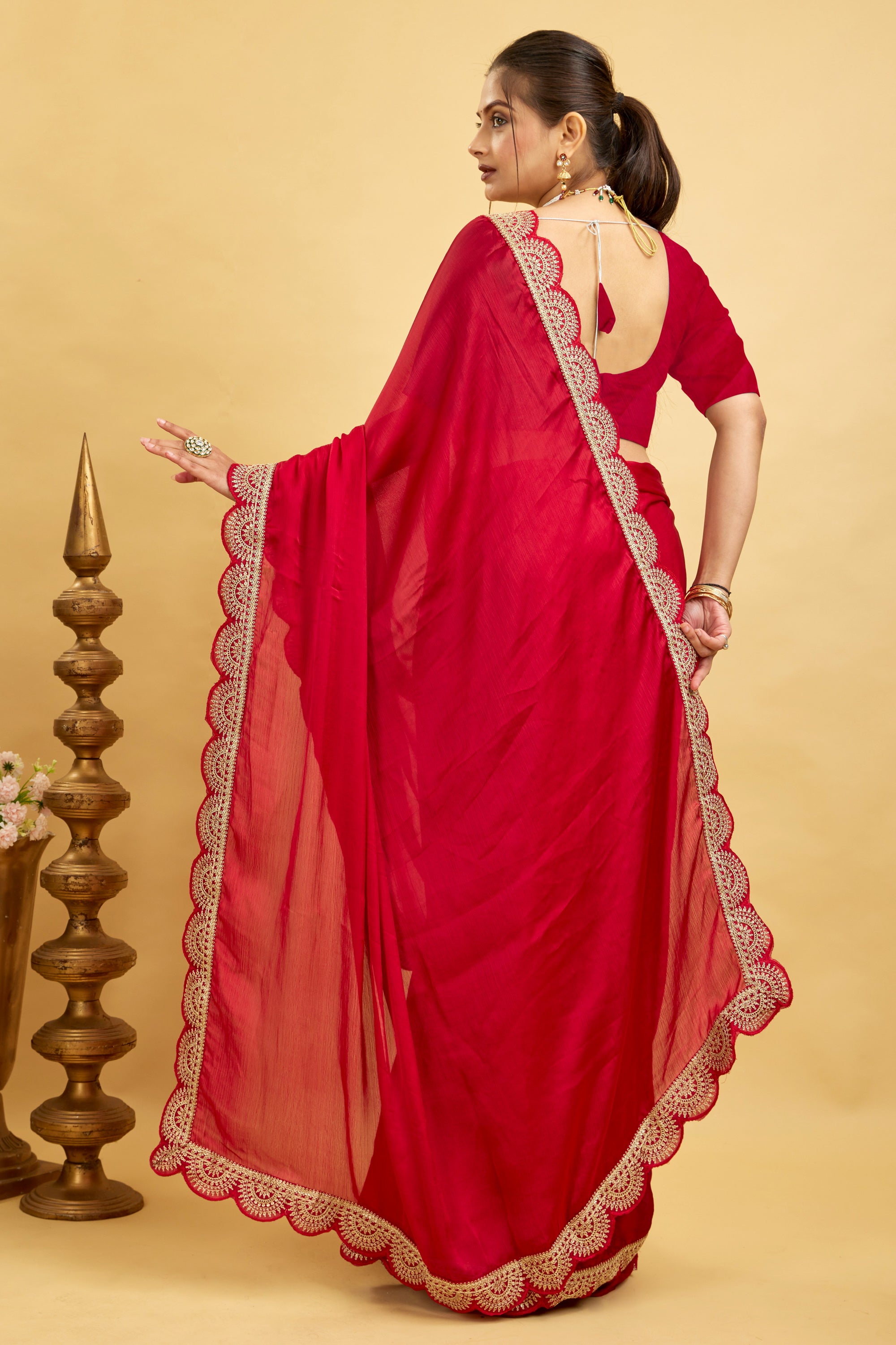 Red Embroidered Satin Chiffon Saree