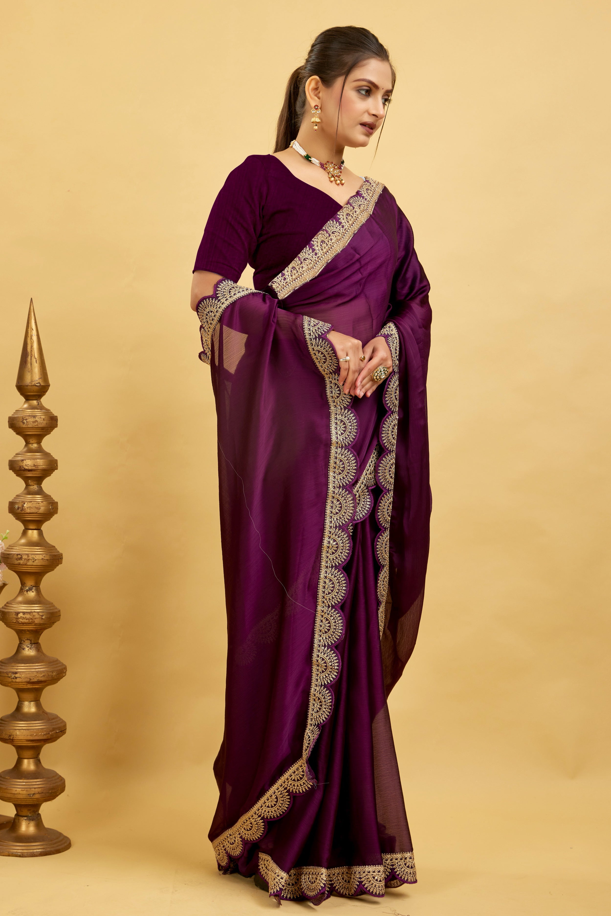 Purple Embroidered Satin Chiffon Saree