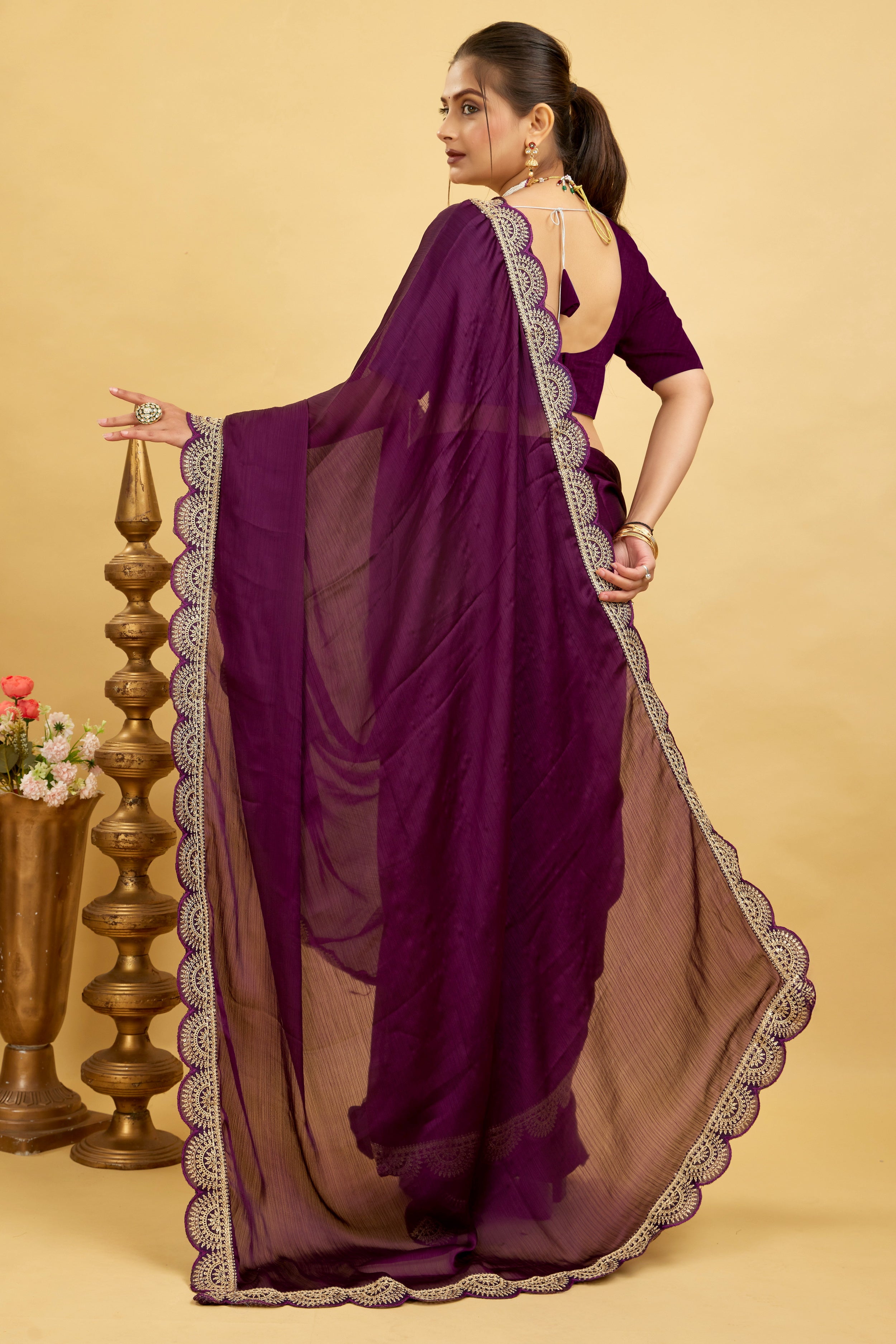 Purple Embroidered Satin Chiffon Saree