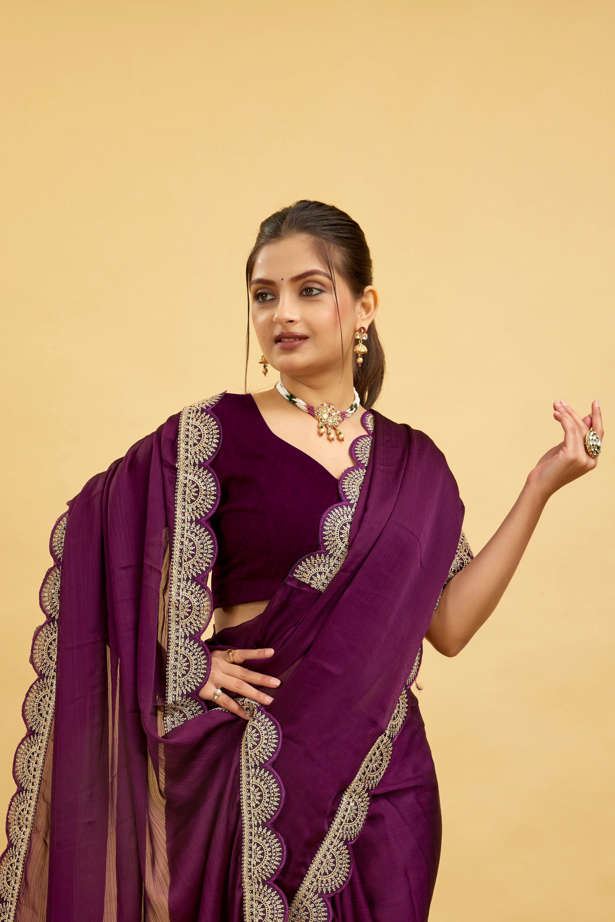 Purple Embroidered Satin Chiffon Saree