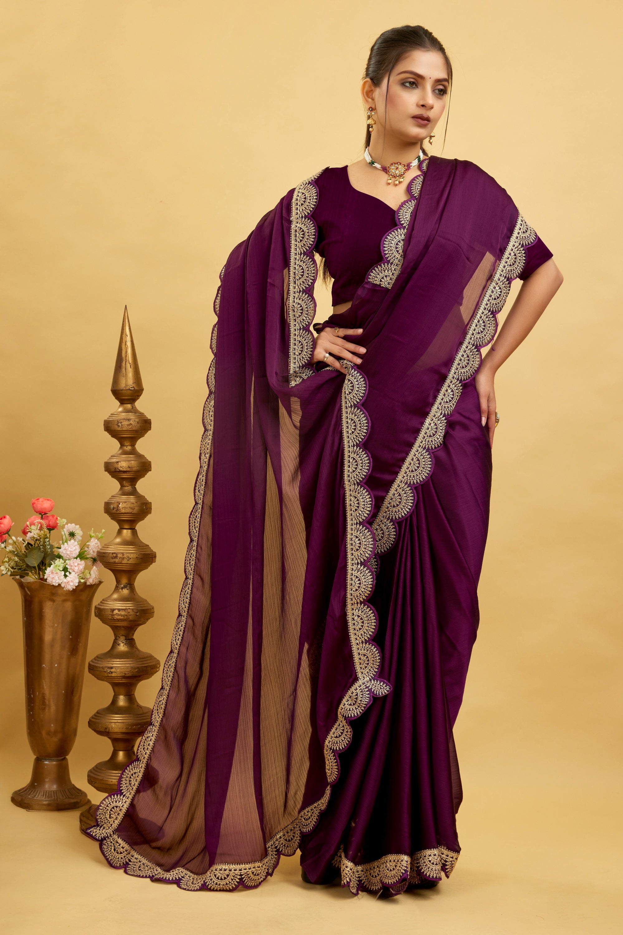 Purple Embroidered Satin Chiffon Saree