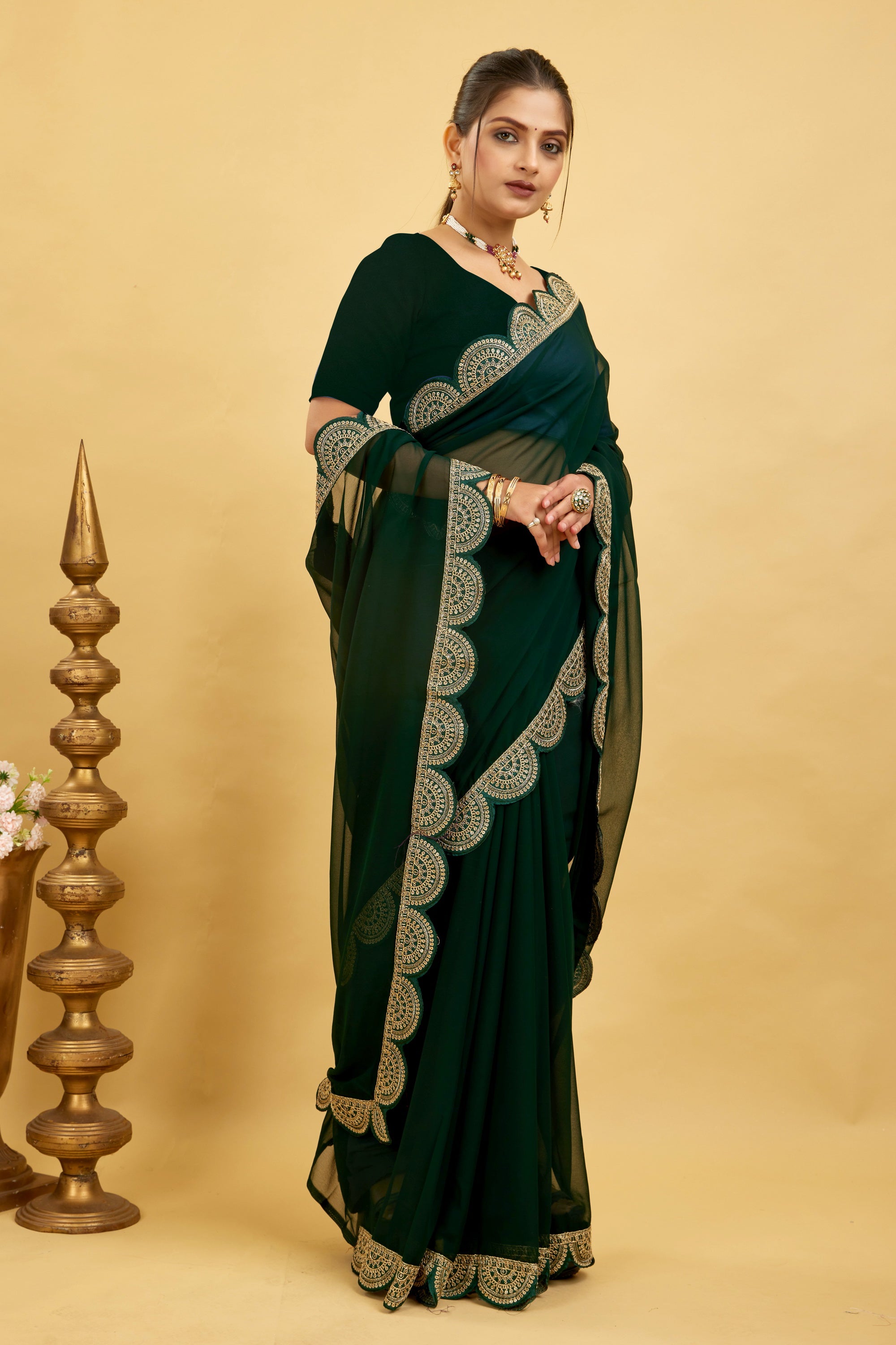 Green Embroidered Satin Chiffon Saree