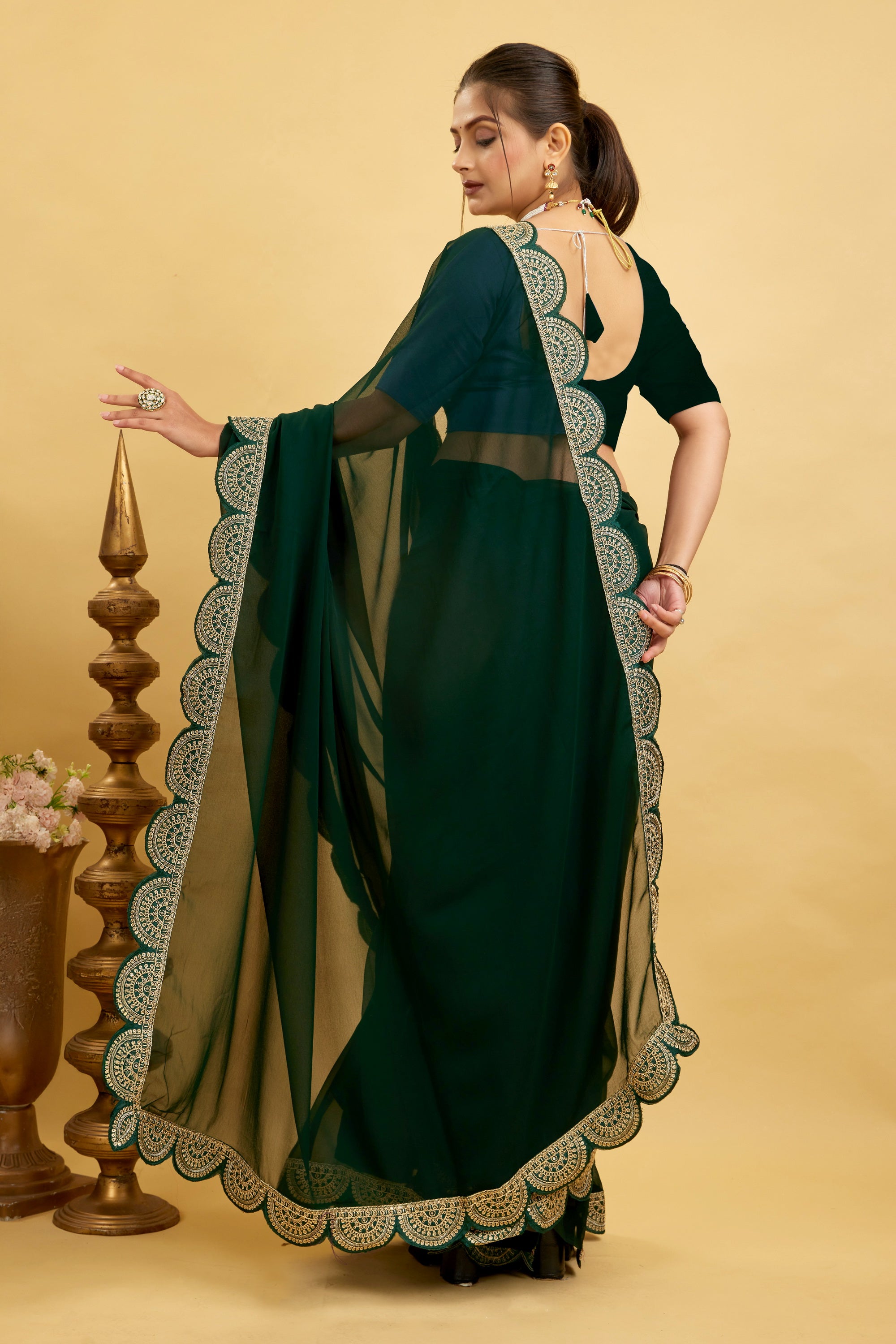 Green Embroidered Satin Chiffon Saree