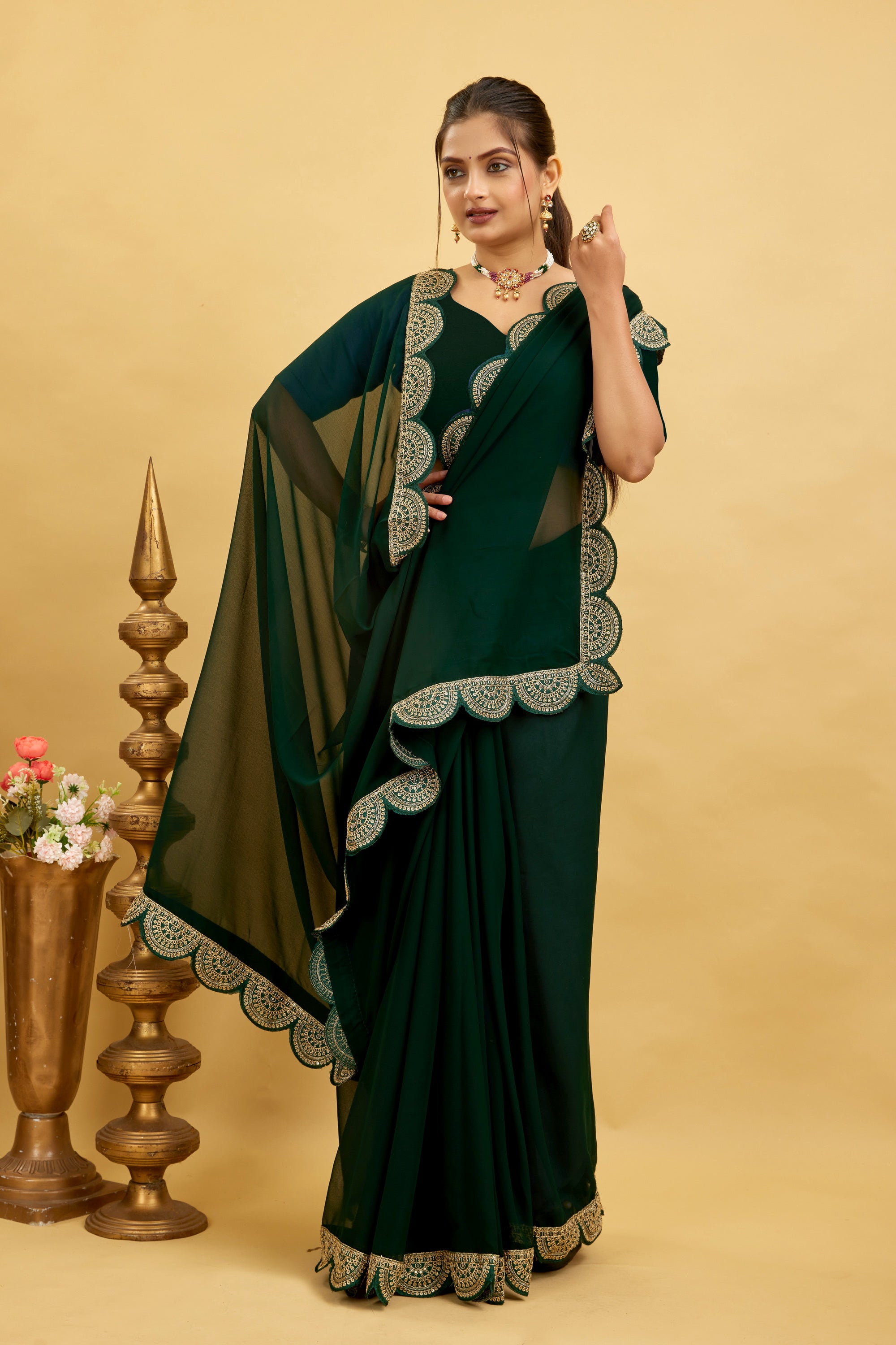 Green Embroidered Satin Chiffon Saree